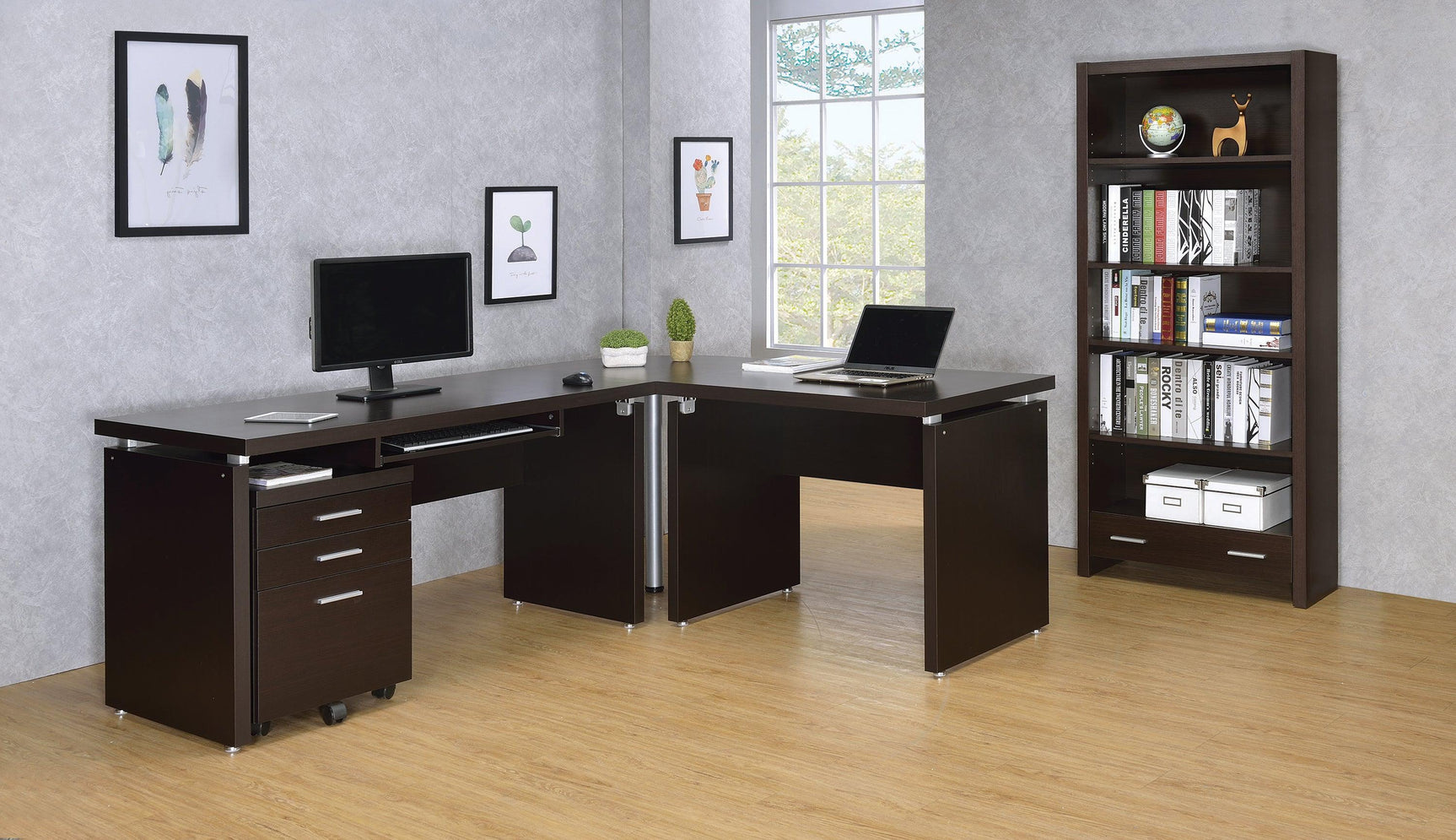 Close-up of Skylar bookcase storage drawer with pull handle