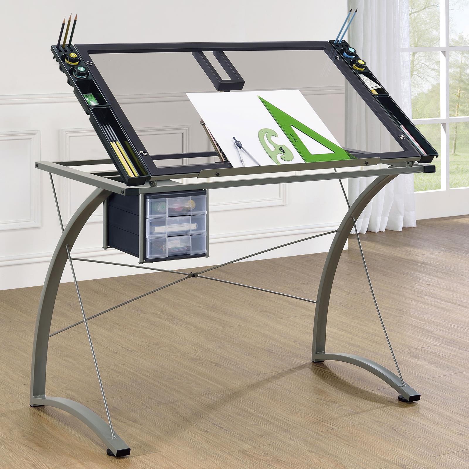Melo Champagne Drafting Desk front angle showing glass top and drawers