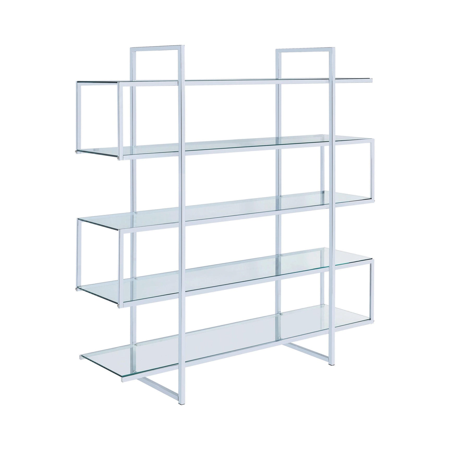Close-up of tempered glass shelves and chrome frame