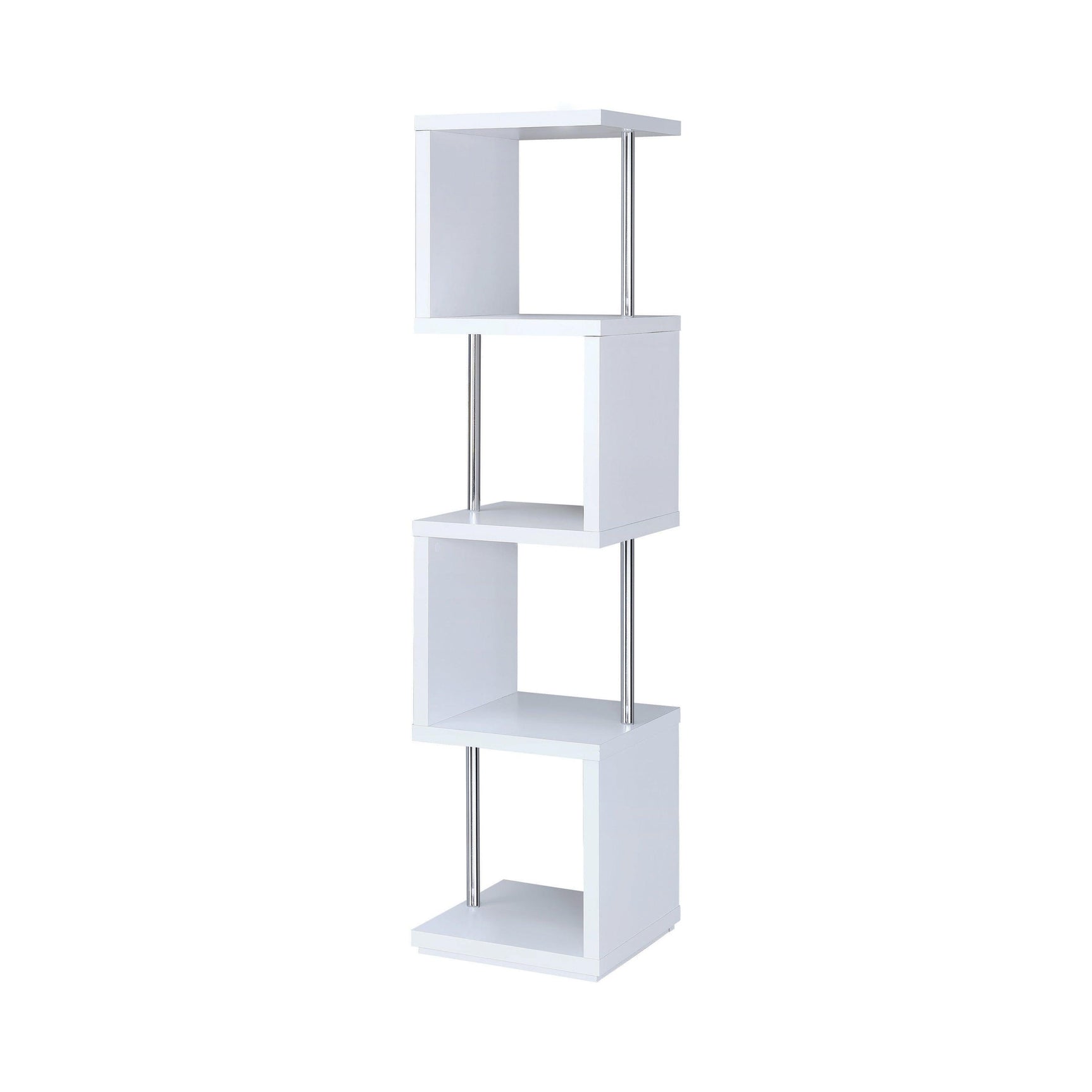 Baxter 4-Shelf Bookcase in white and chrome side view
