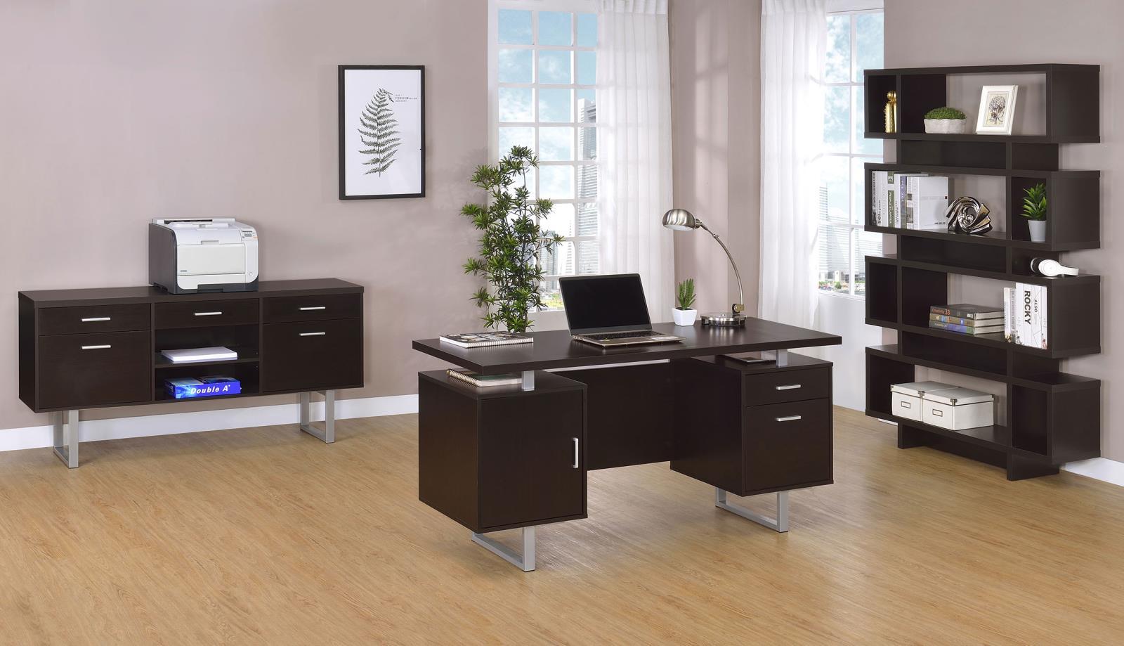 Side view of Lawtey Cappuccino office desk highlighting metal legs