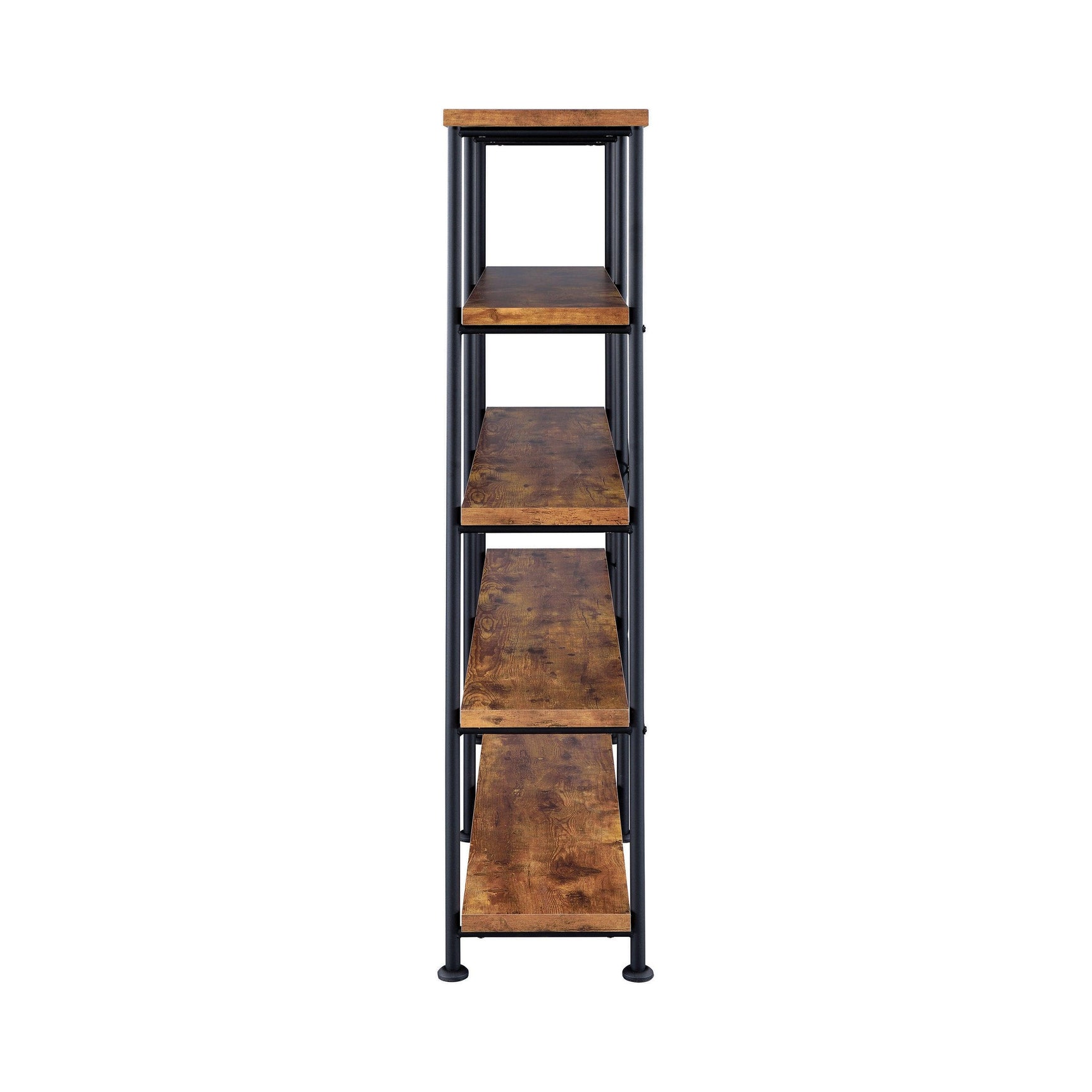 Close-up of antique nutmeg finish and metal details on Analiese bookcase