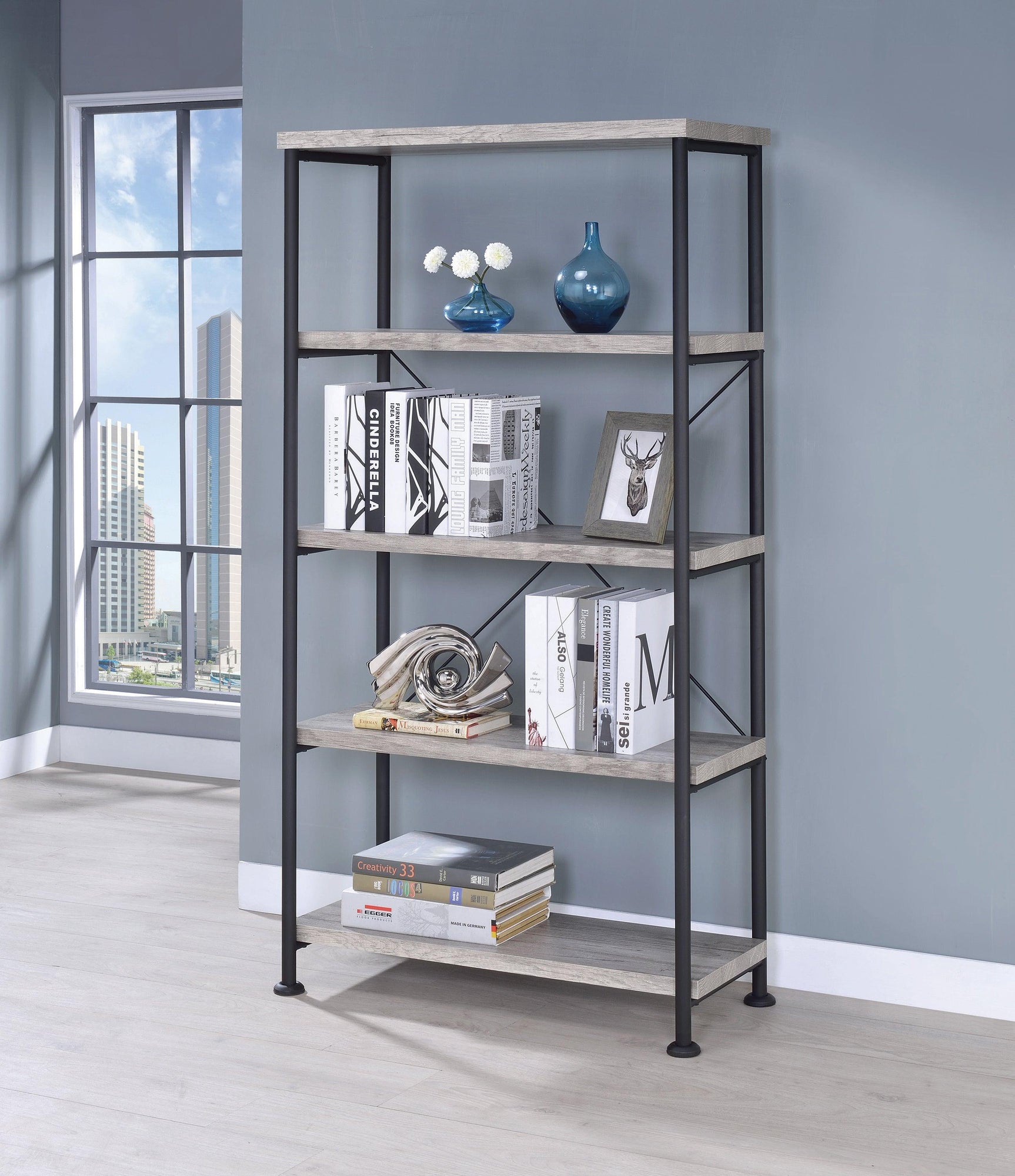 Shelf with decorative items on Analiese Bookcase