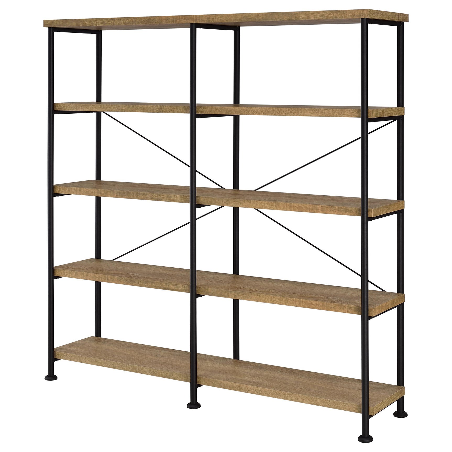 Side view of double bookshelf highlighting shelf depth