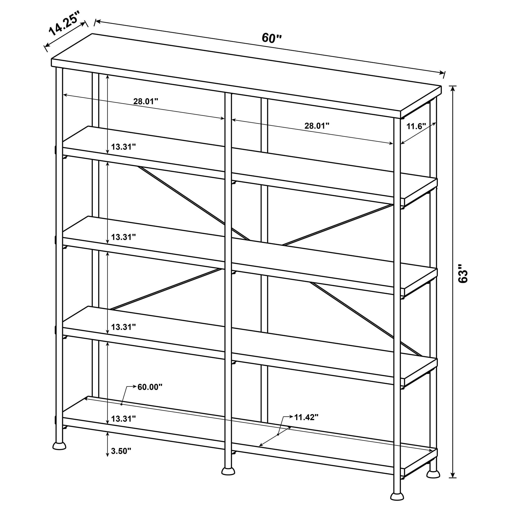 Analiese 63-inch Double Bookshelf with 4 Open Shelves in Mango Finish