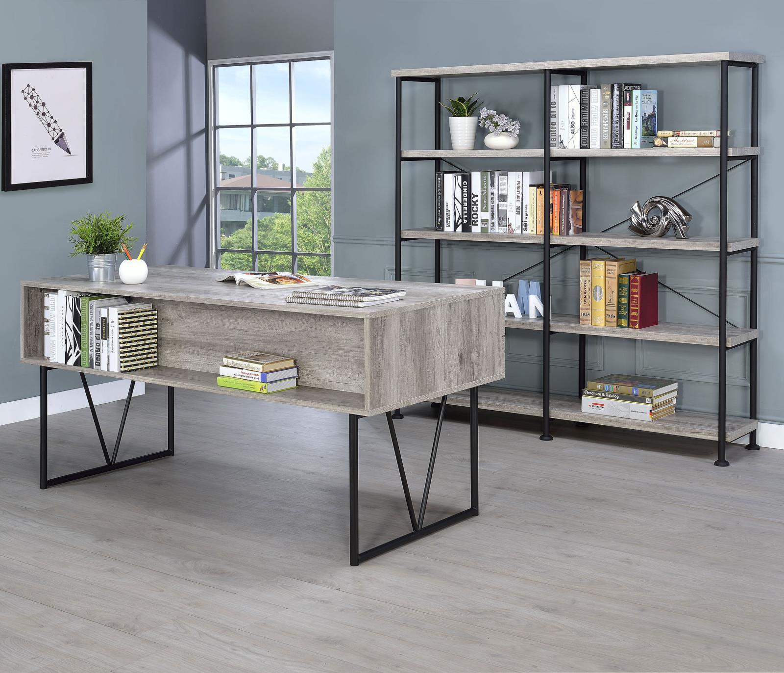Side view of Analiese grey driftwood desk with black metal legs
