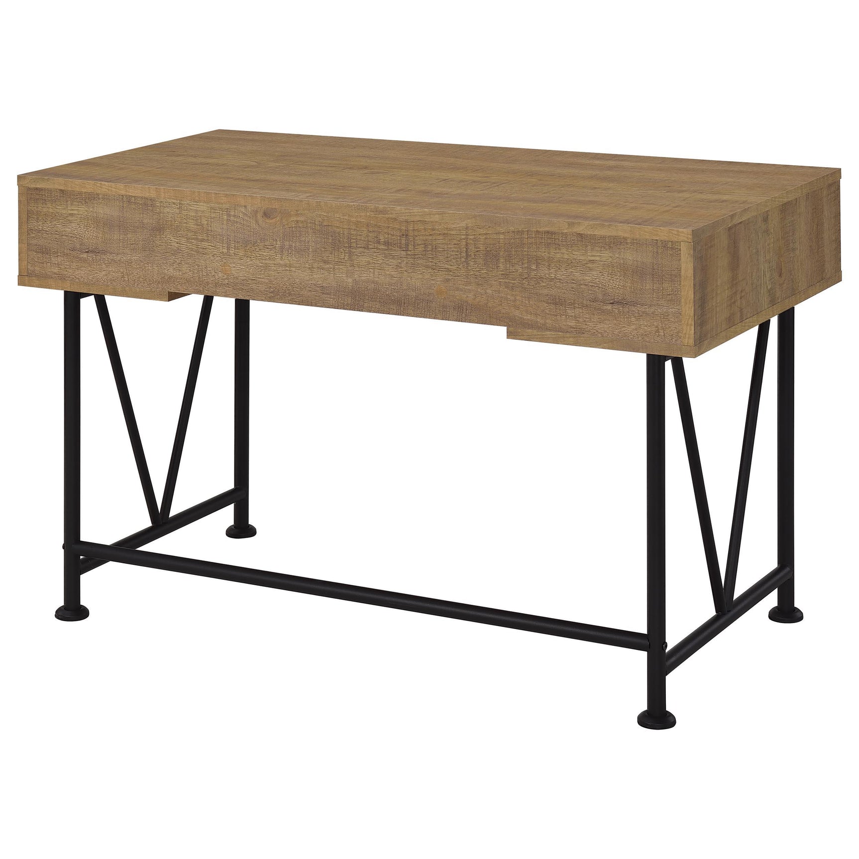 Detail of desk wood grain and metal base