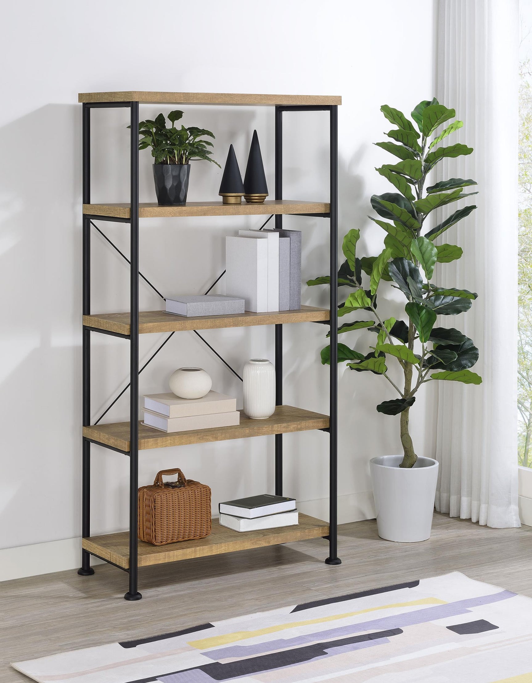 Bookshelf close-up of mango melamine wood shelf and black metal frame