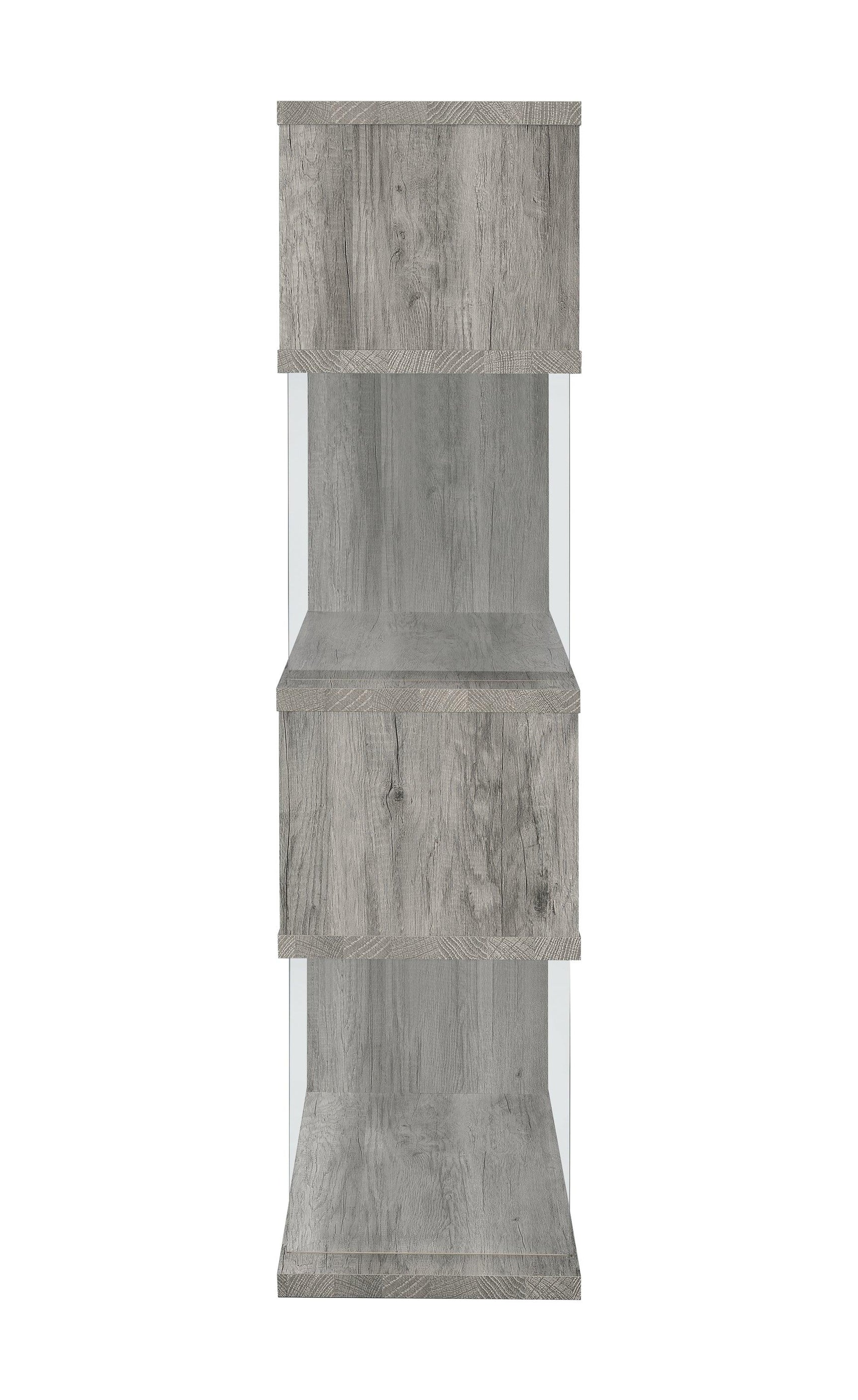 Emelle bookcase corner view showcasing zig-zag shelf design