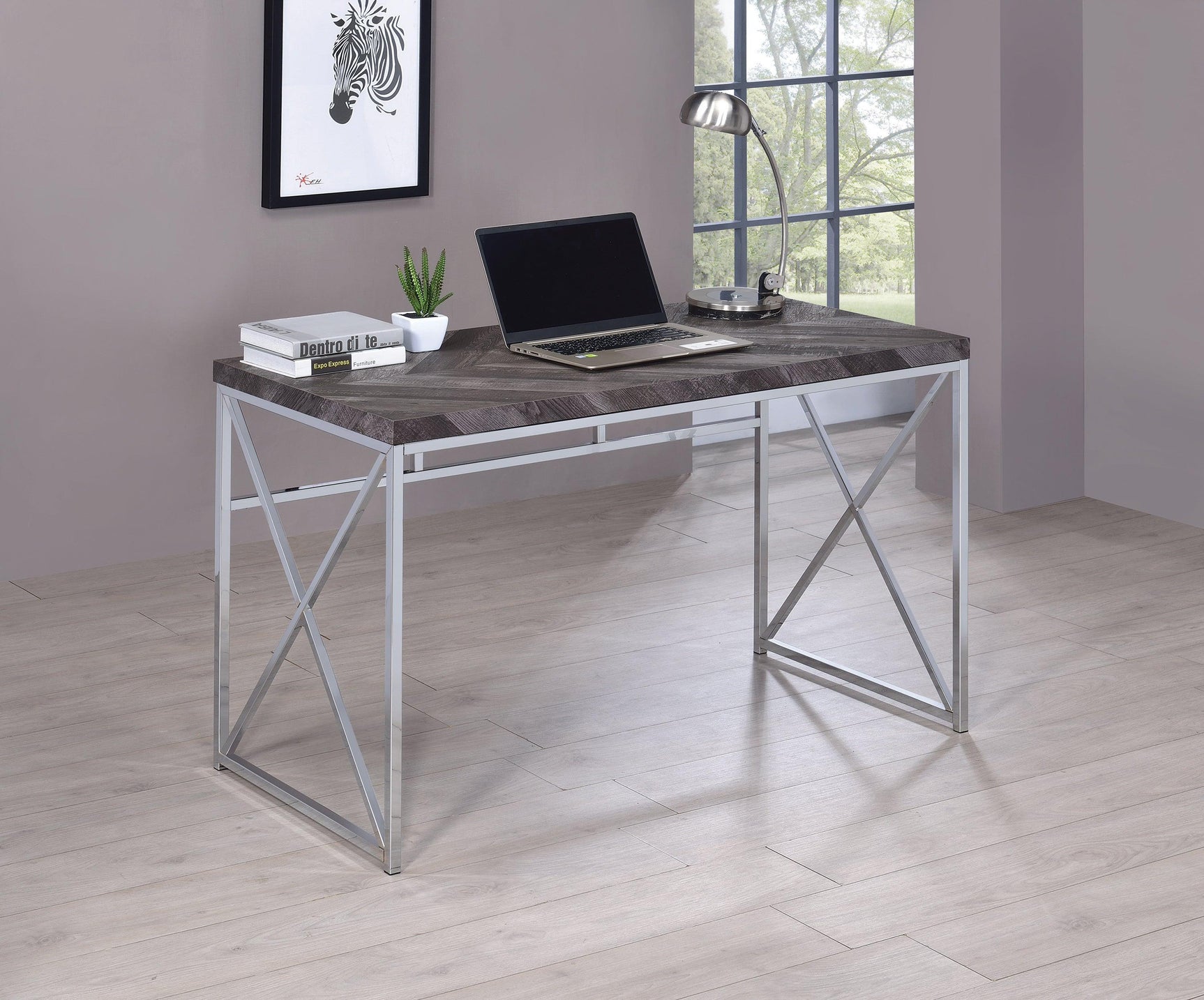Grimma 4-Shelf Bookcase Rustic Grey Herringbone side profile