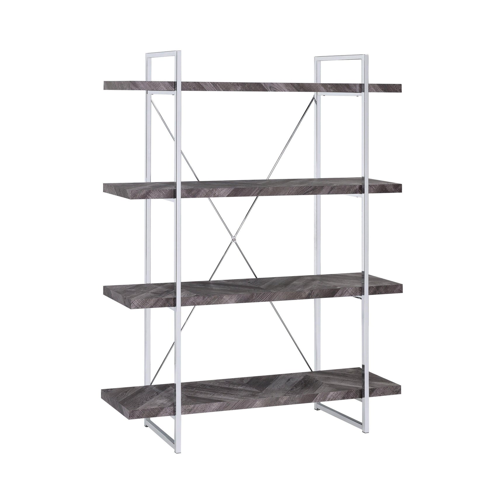 Grimma 4-Shelf Bookcase Rustic Grey Herringbone close-up of shelf detail