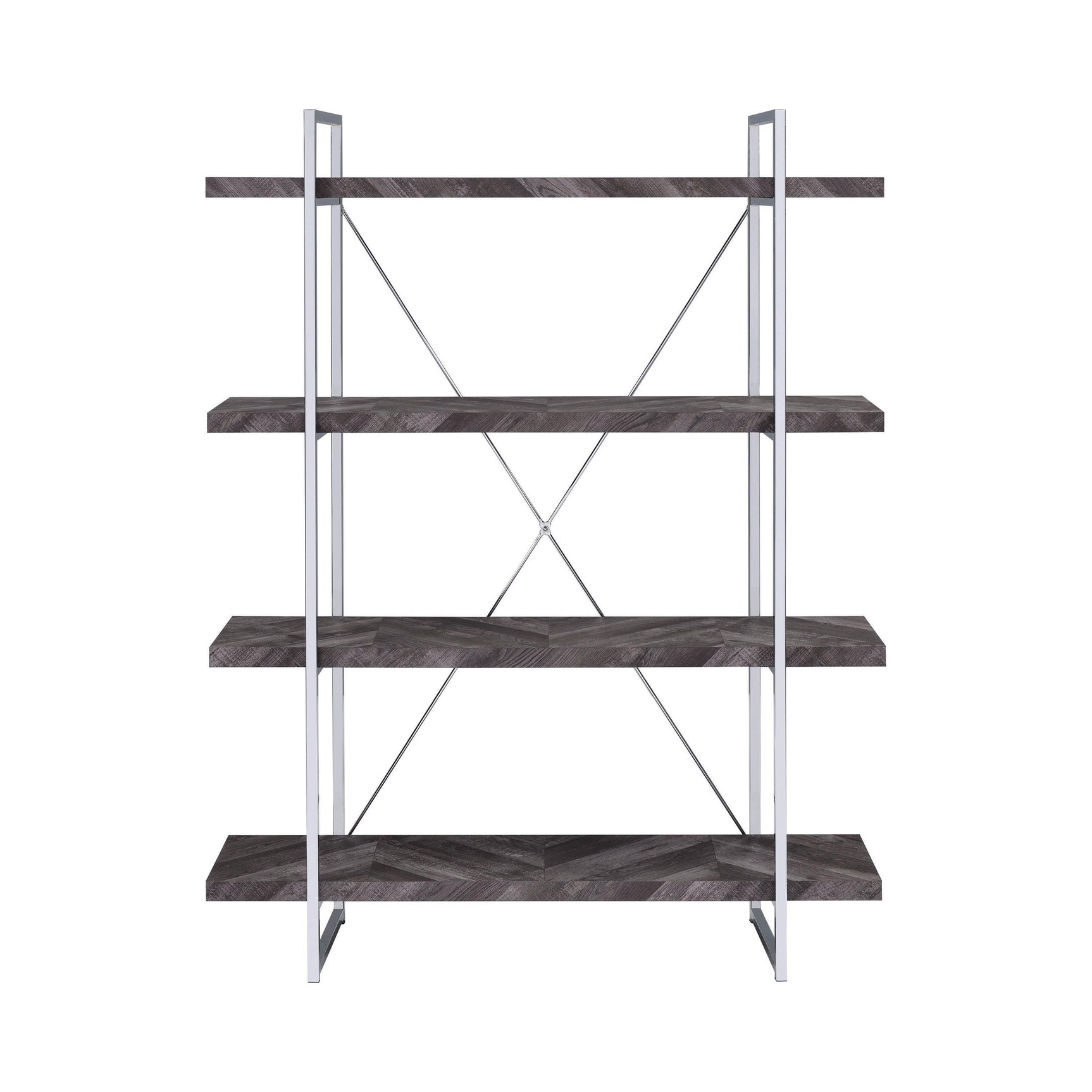 Grimma 4-Shelf Bookcase Rustic Grey Herringbone showing X-shaped metal back