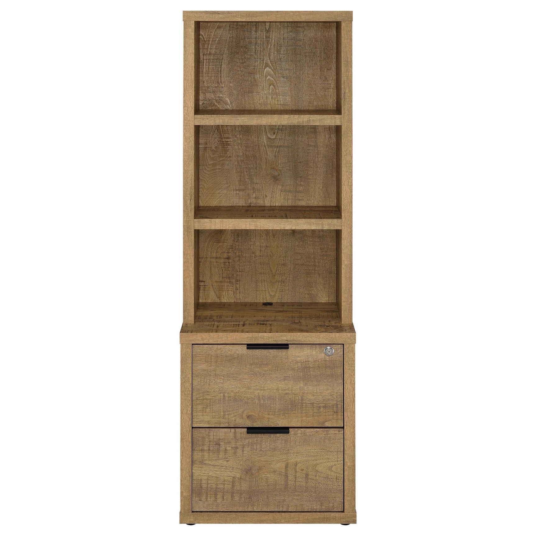 Bookcase set showing open shelving and storage drawers