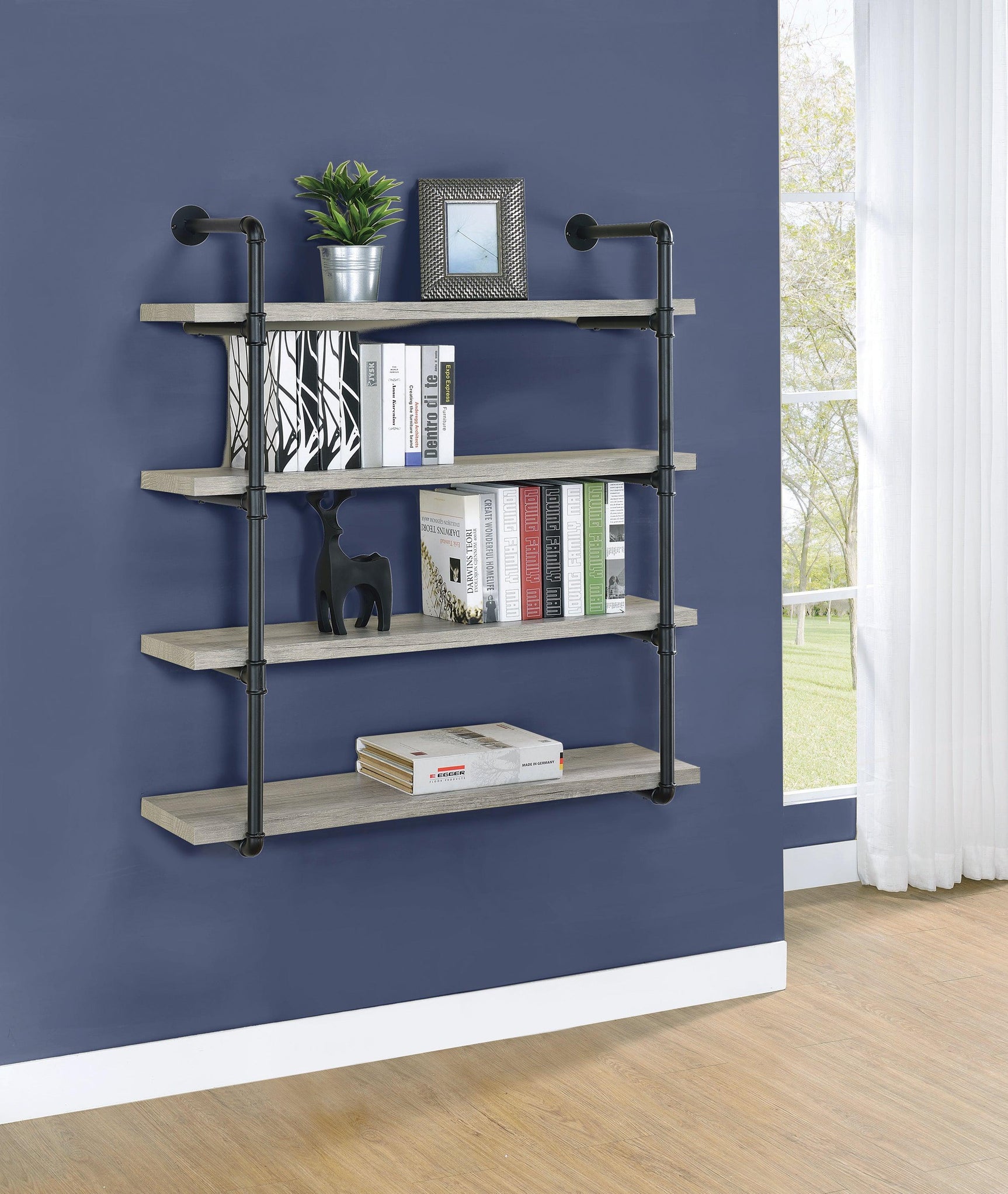 Elmcrest wall shelf side angle highlighting industrial metal frame