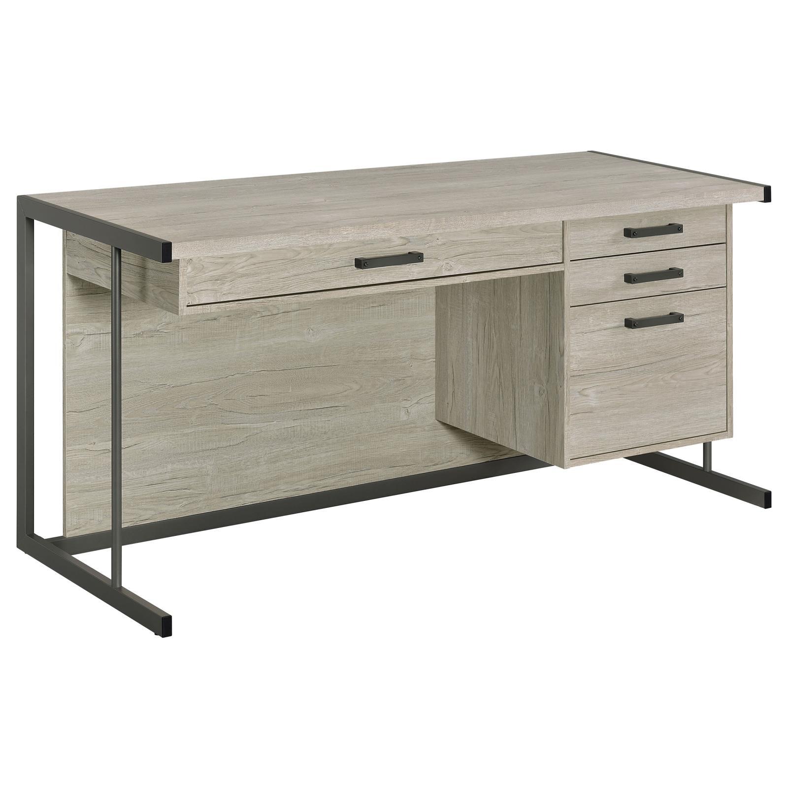 Close-up of gunmetal drawer pulls on Loomis office desk