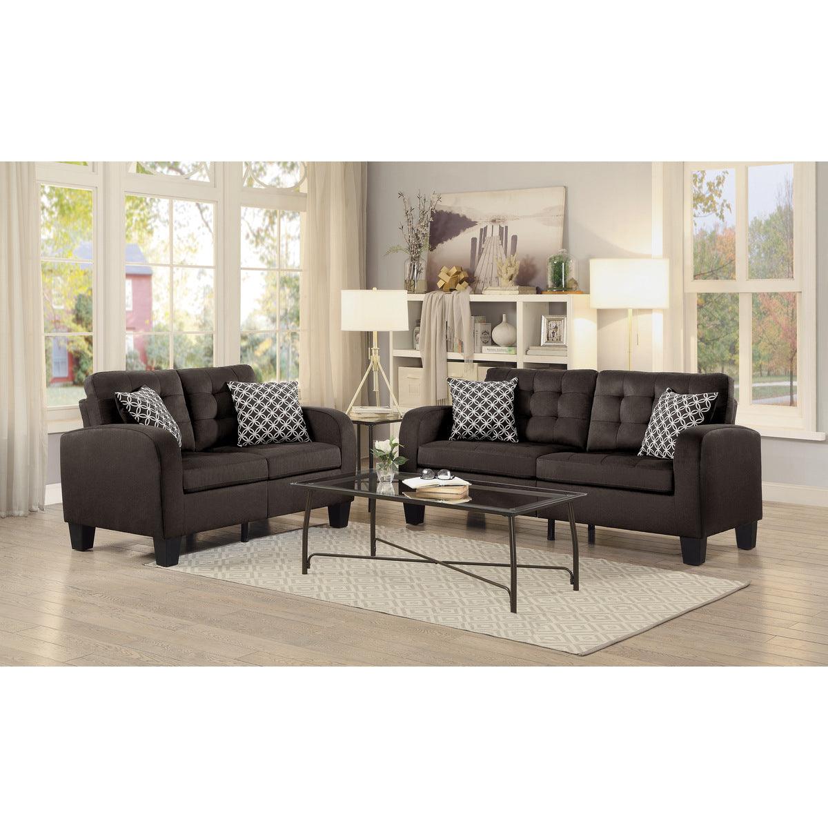 Sinclair Chocolate Loveseat with pillows detail