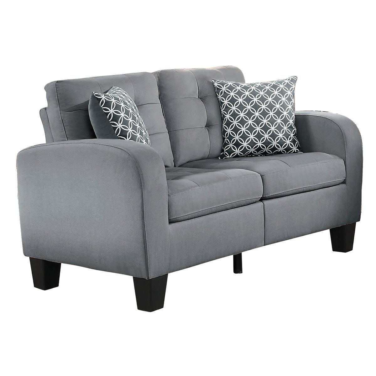 Side view of Sinclair Gray Tufted Loveseat highlighting arm height and cushions