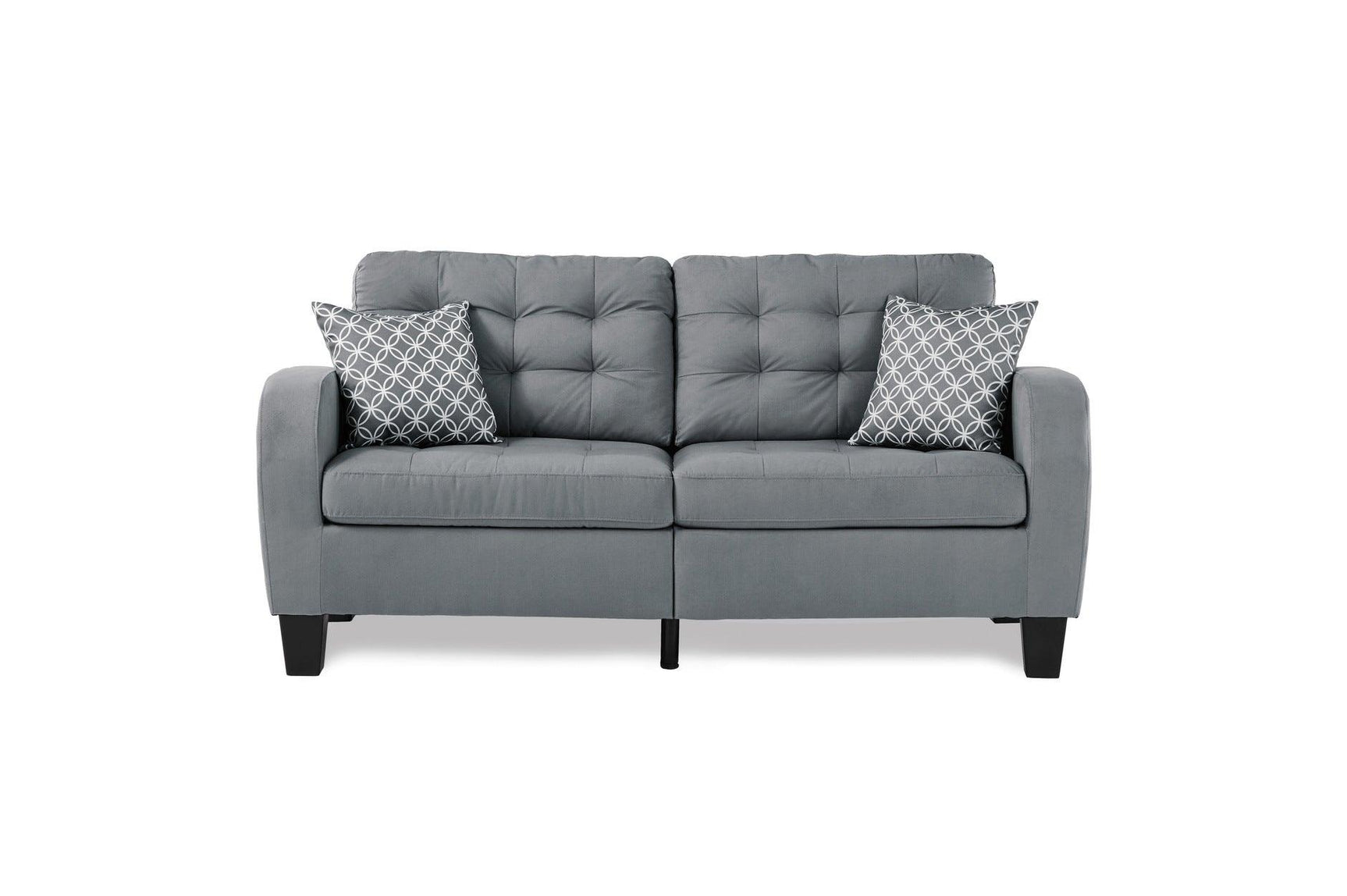 Close-up detail of tufted gray fabric upholstery