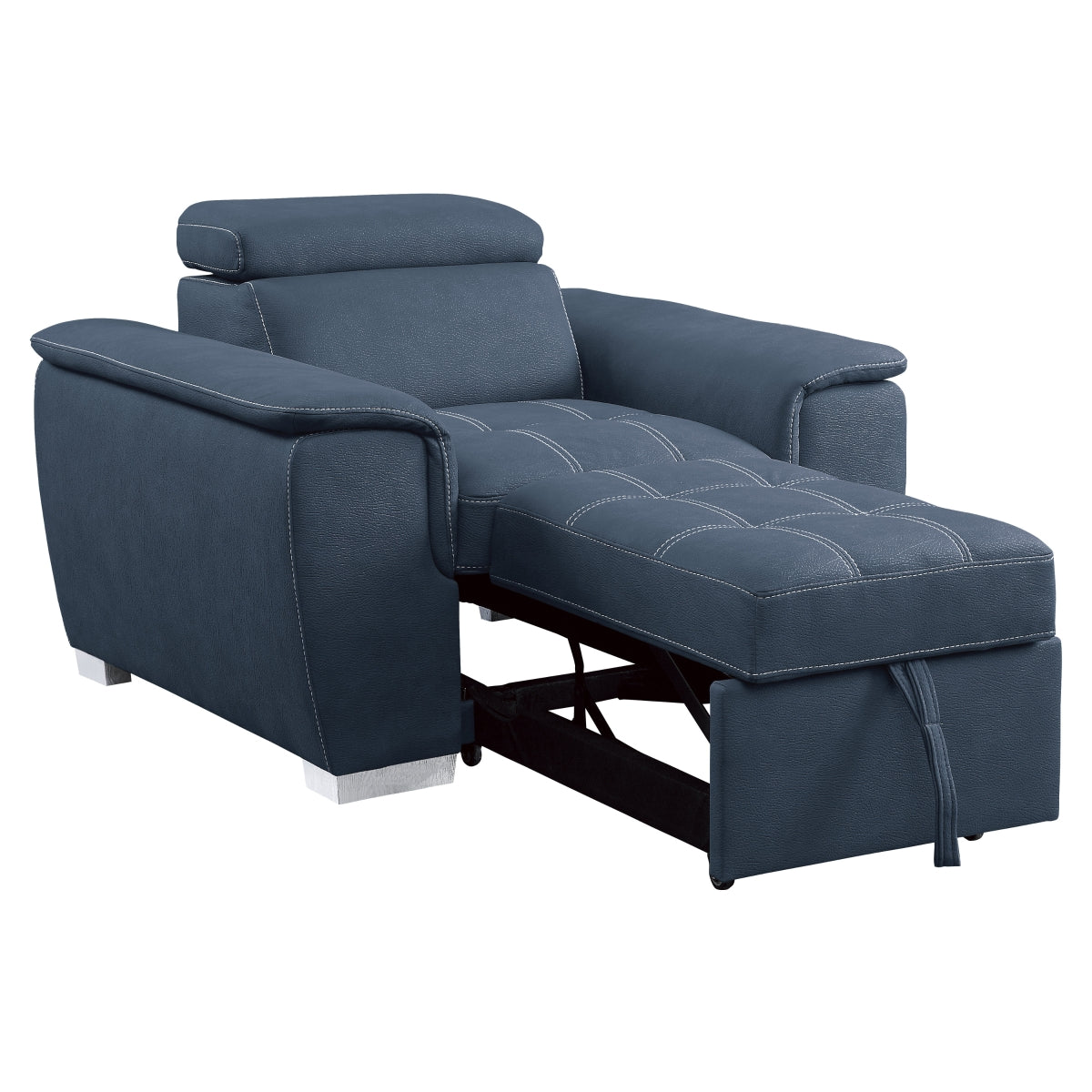 Front view of Ferriday blue chair closed ottoman