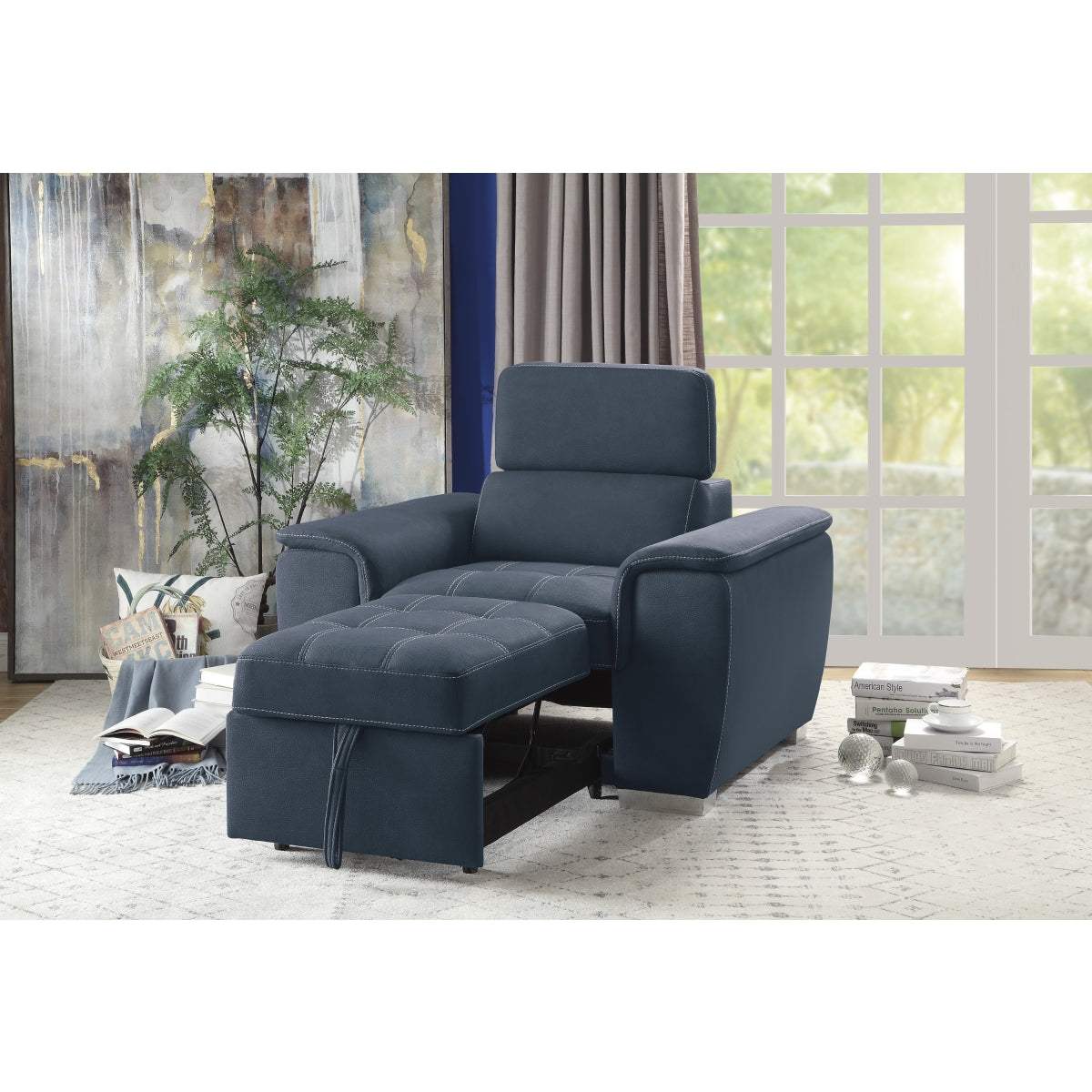 Pulled out ottoman in Ferriday blue chair showing padding