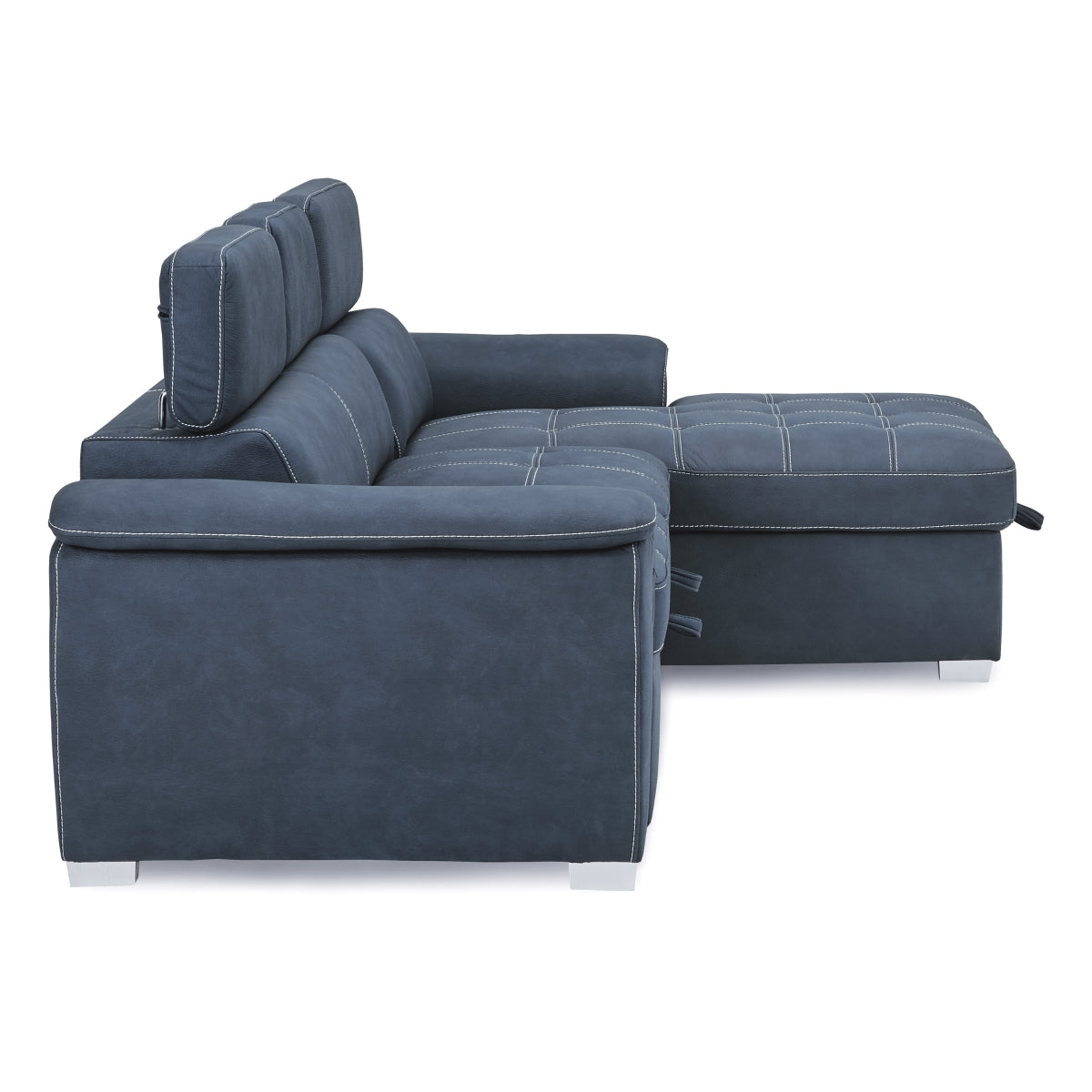 Detail of blue microfiber upholstery on Ferriday Sectional