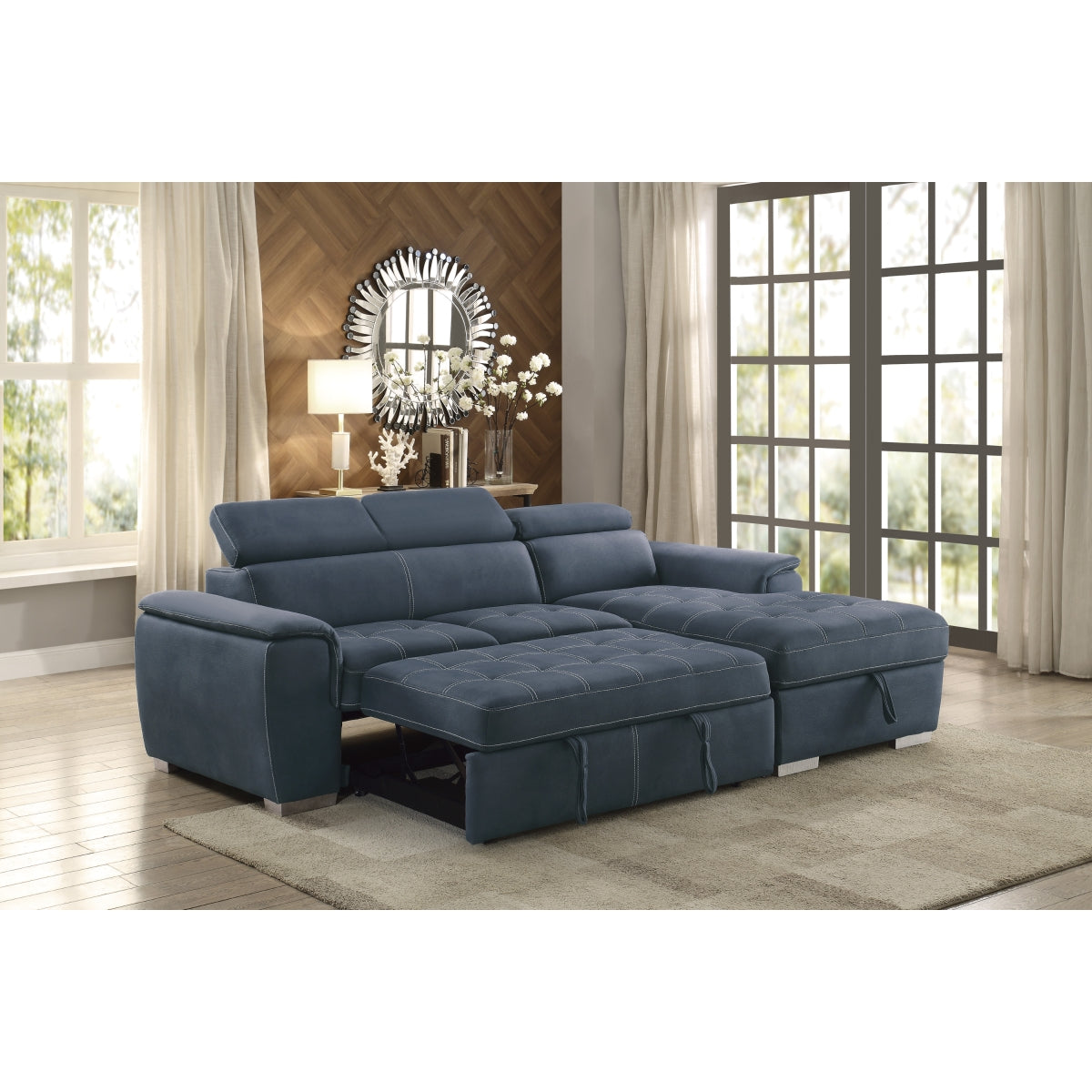 Close detail showing sectional wood frame beneath cushions