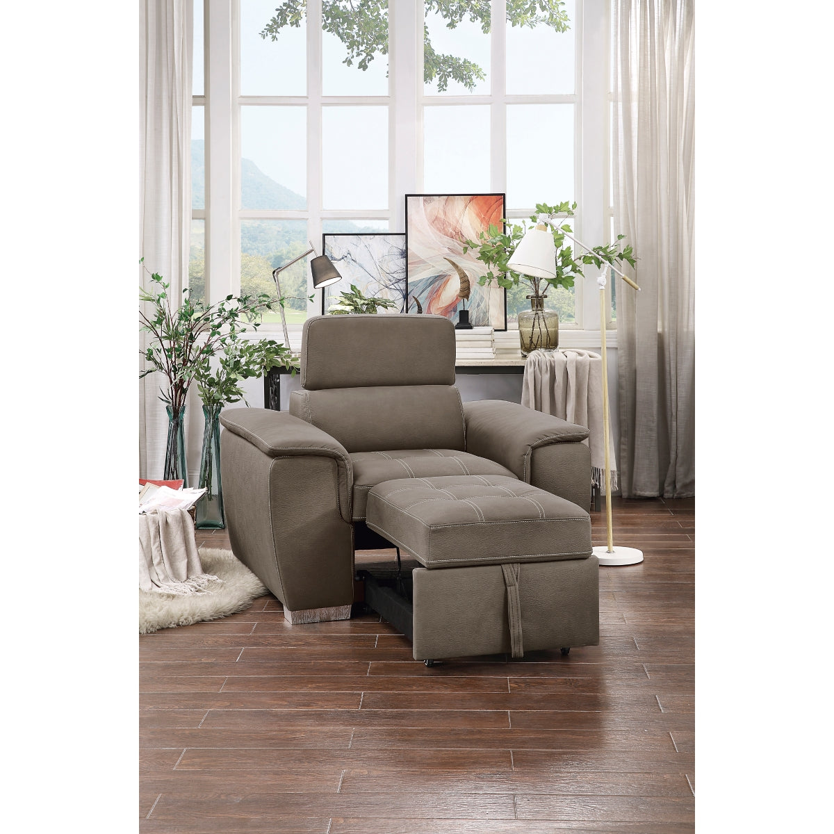 Chair with ottoman partially pulled out for leg support
