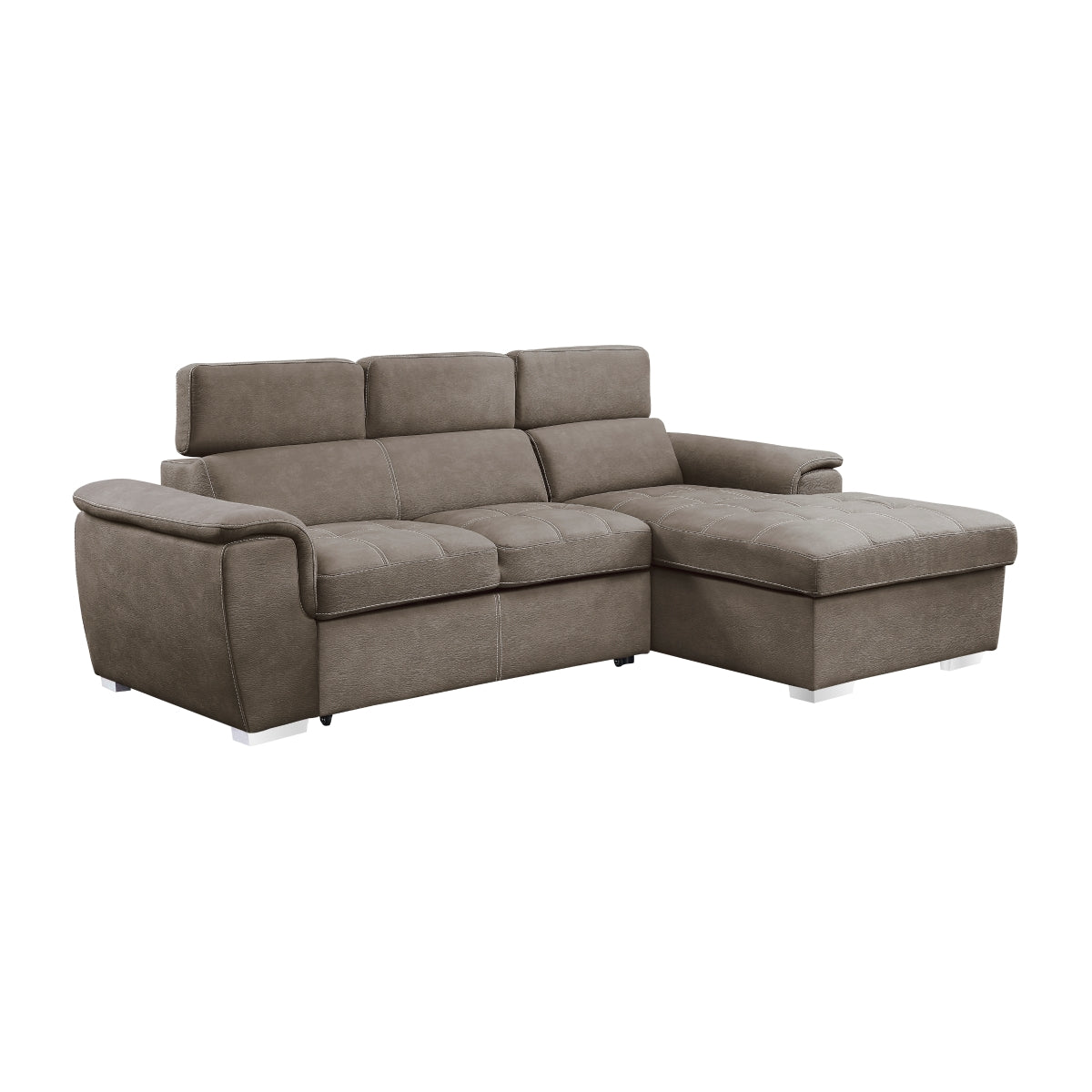 close-up of taupe microfiber upholstery on sectional sofa