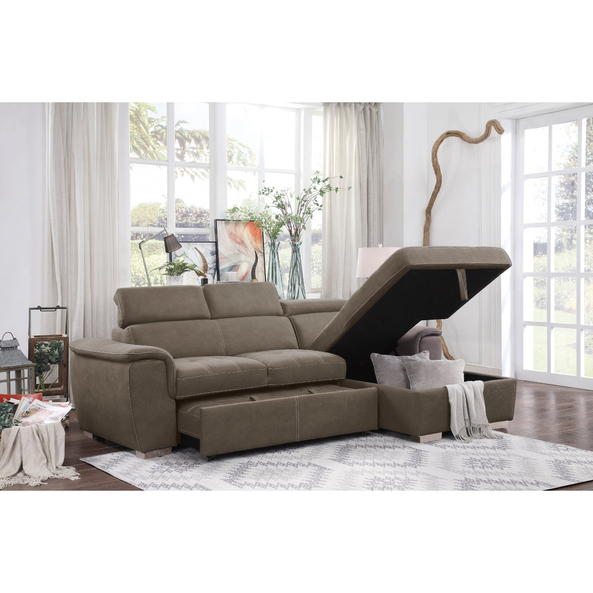Ferriday Taupe Sectional showing seat cushions and chaise