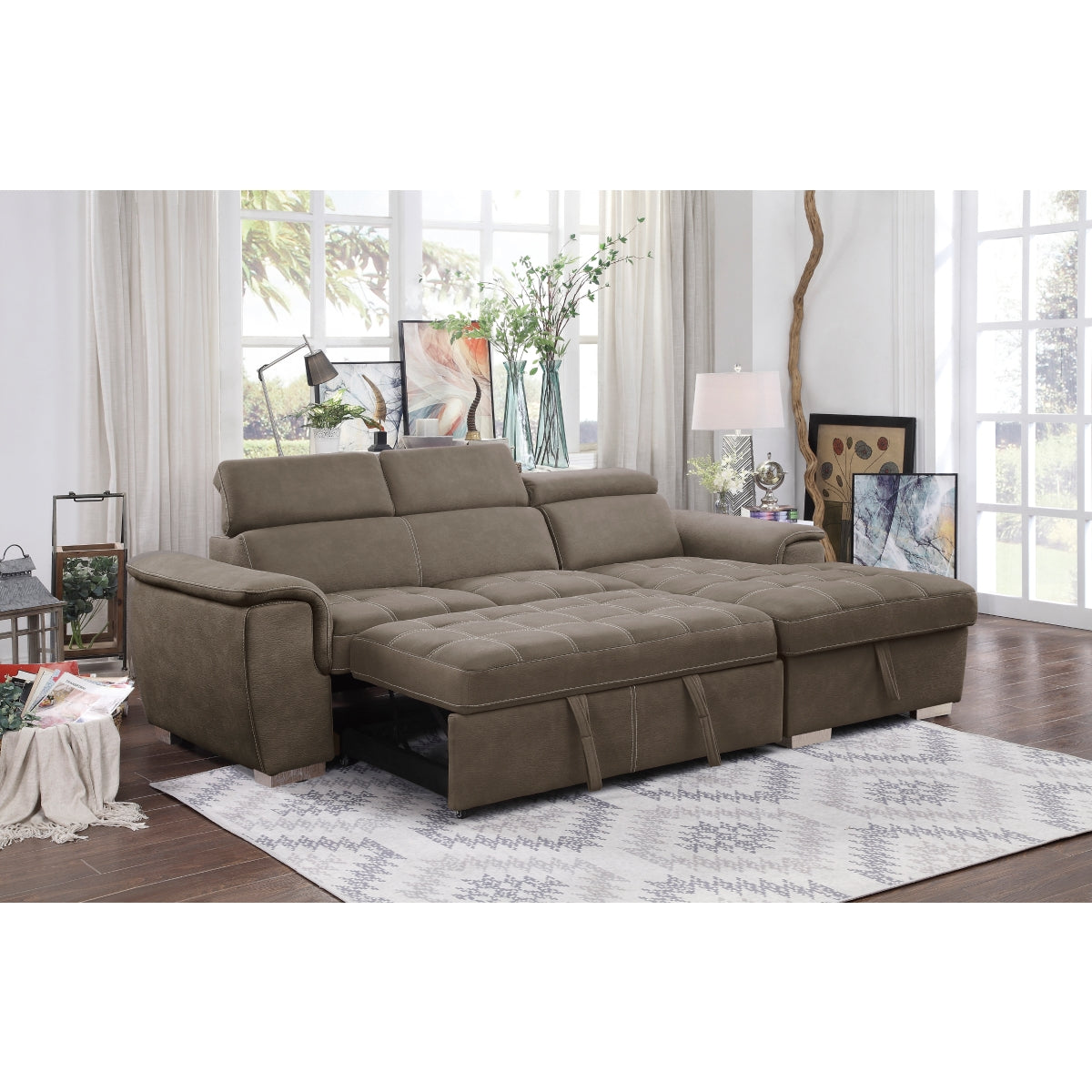 room perspective of taupe sectional sofa with adjustable headrests