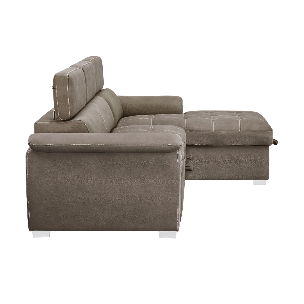 angled view of Ferriday Taupe Sectional Sofa showing chaise
