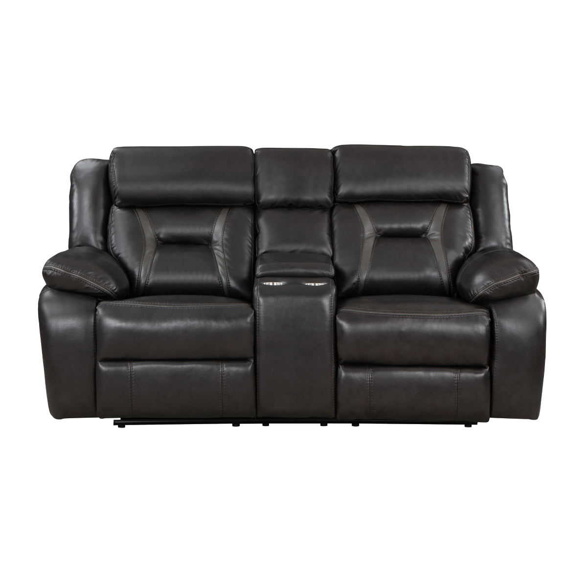 Amite double reclining loveseat front angle showing dark gray faux leather upholstery