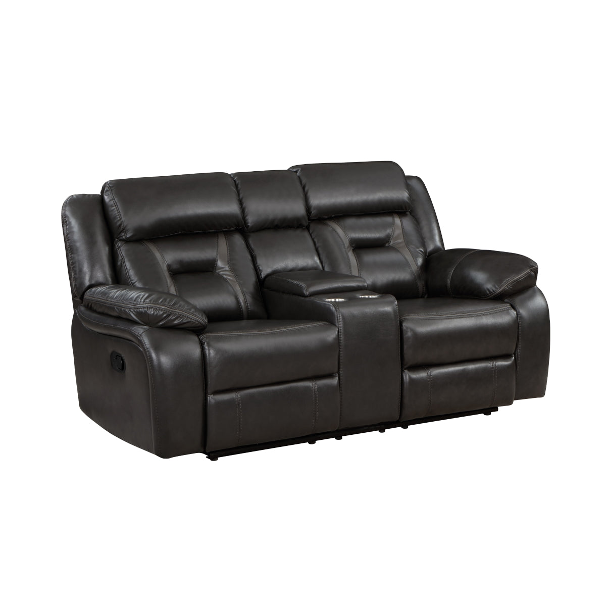Side view of Amite reclining loveseat with console and cup holders