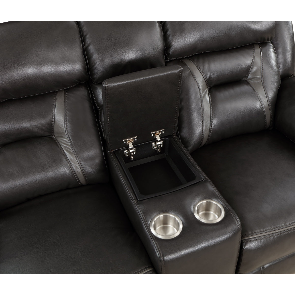Rear view of Amite dark gray double reclining loveseat