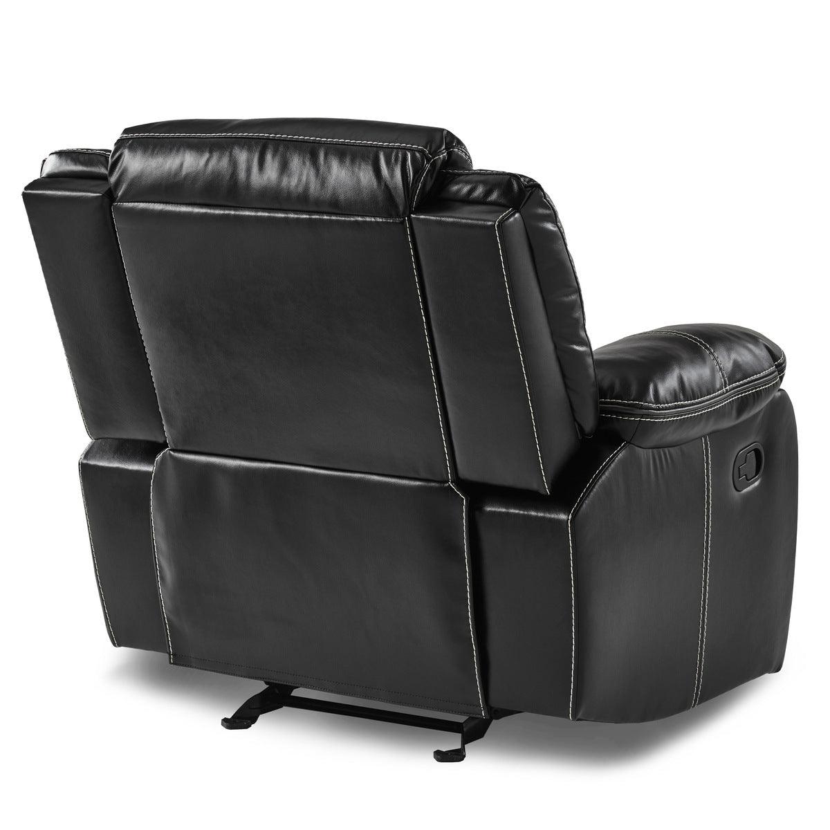 Back angle of Bastrop Black Faux Leather Glider Reclining Chair showing reclining feature
