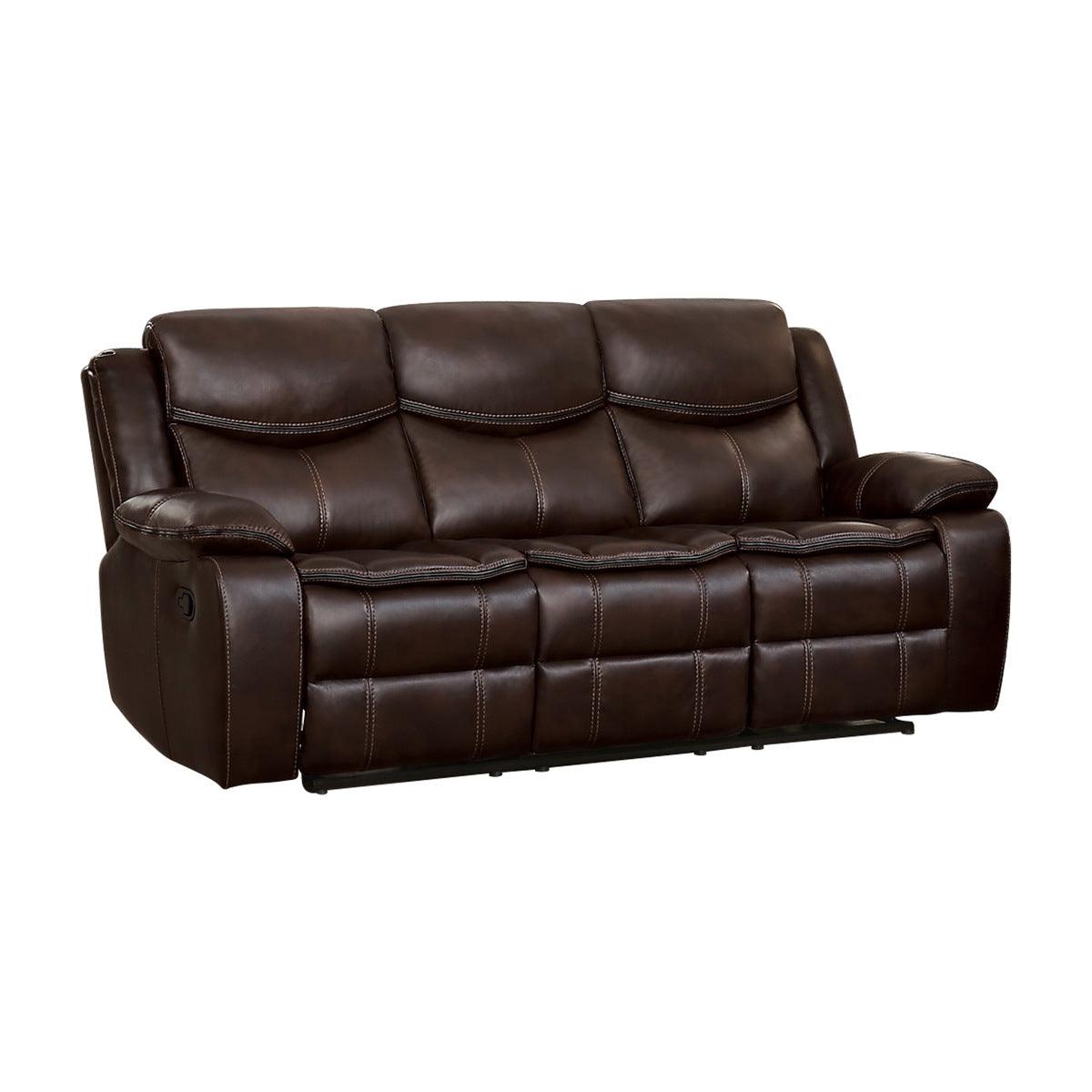 Bastrop Brown Faux Leather Double Reclining Sofa front view with center console