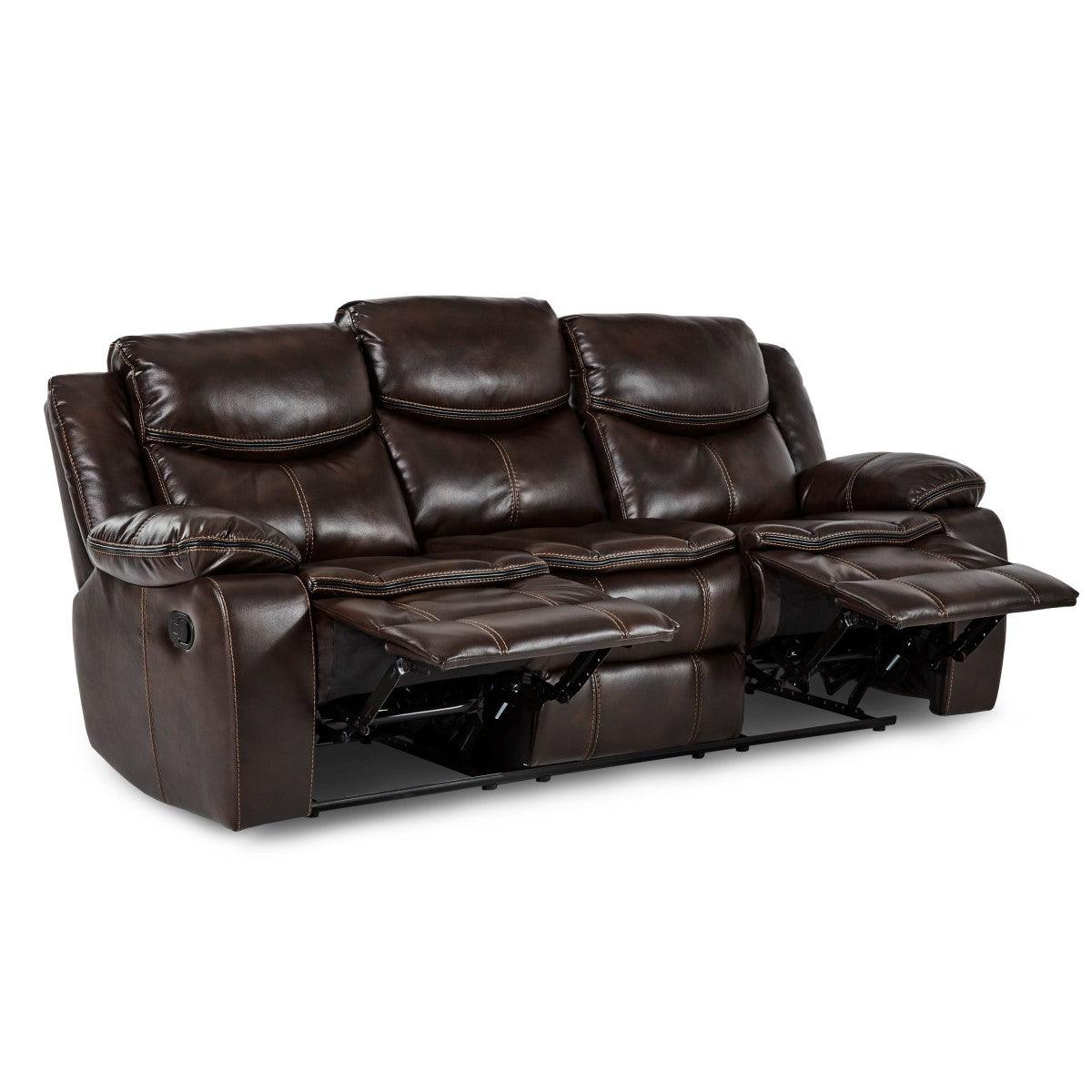 Bastrop Brown Faux Leather Double Reclining Sofa reclined position showing footrest