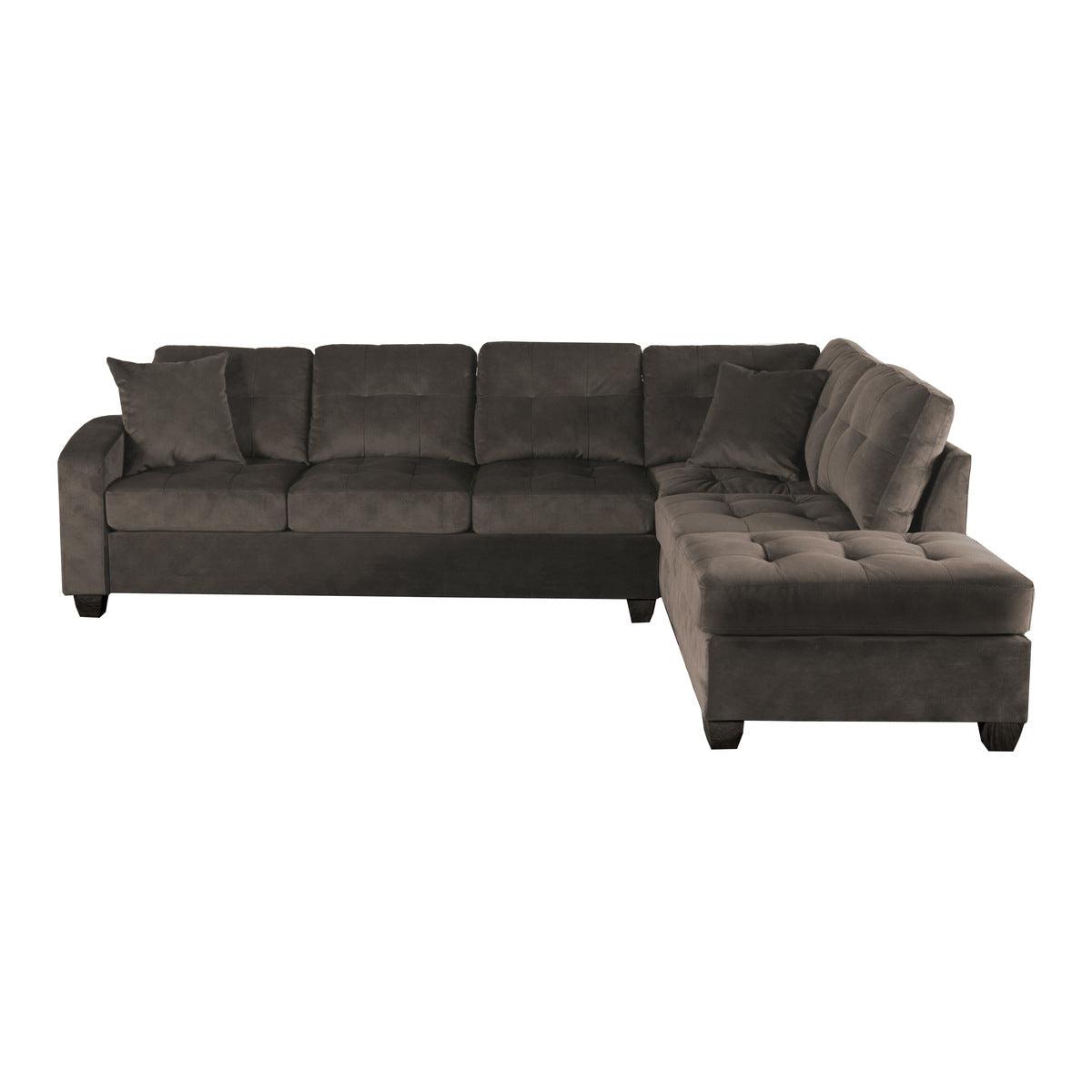 Close-up detail of tufted brown microfiber upholstery