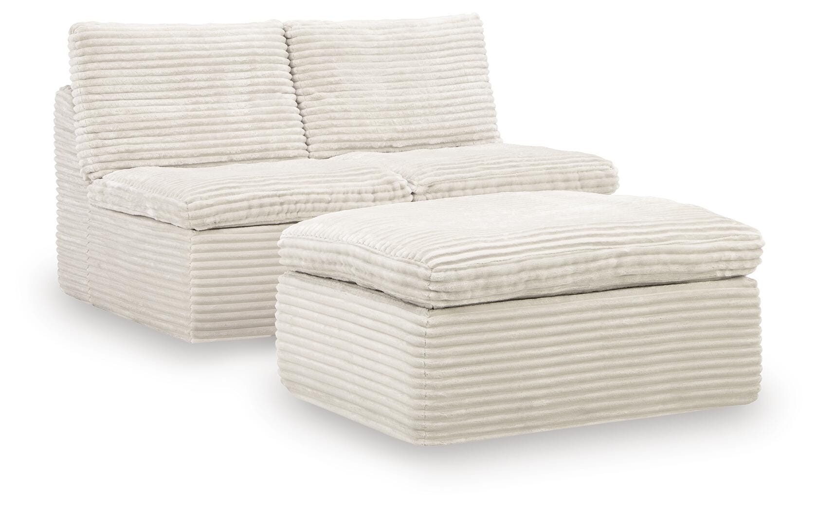 Front view of Fannin Ivory Chenille Armless Chair with Ottoman