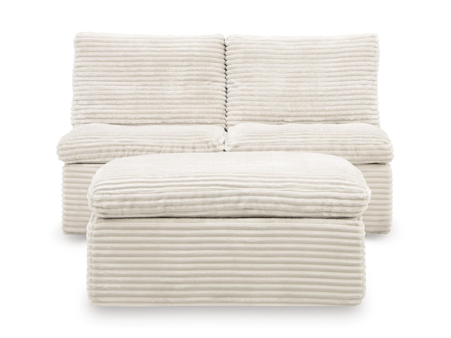 Side view of Fannin Ivory Chenille Armless Chair with Ottoman