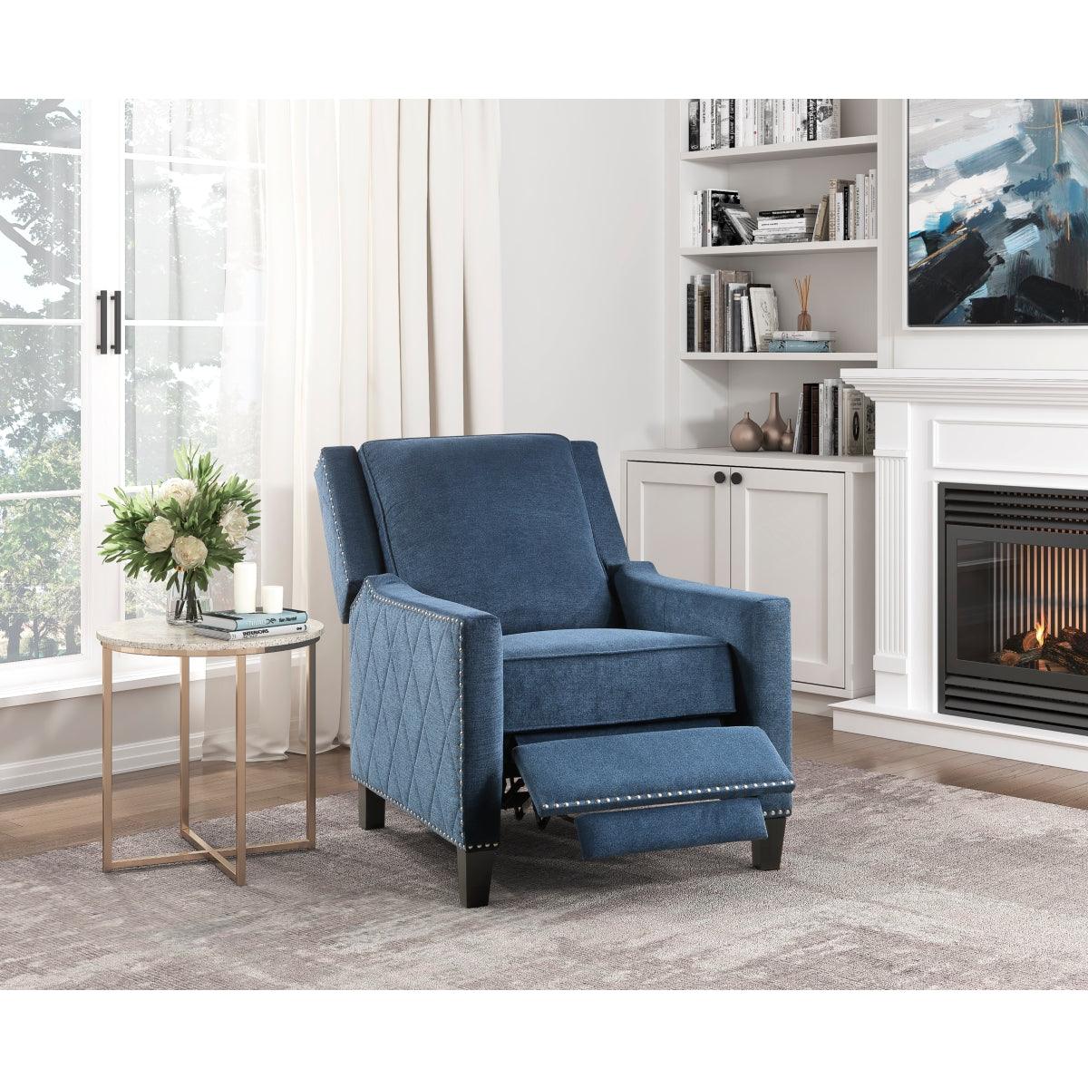 Banks Blue Recliner close up of nailhead trim