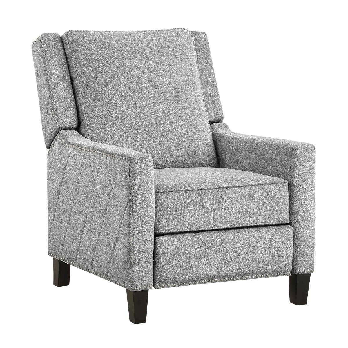 Banks gray fabric recliner side view with wood feet