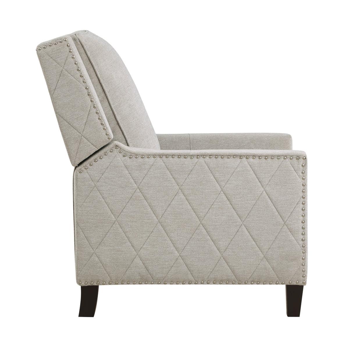Close-up of textured sand fabric upholstery on recliner