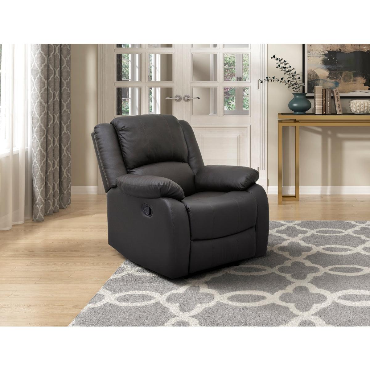 Fairview dark brown faux leather recliner chair angled front view