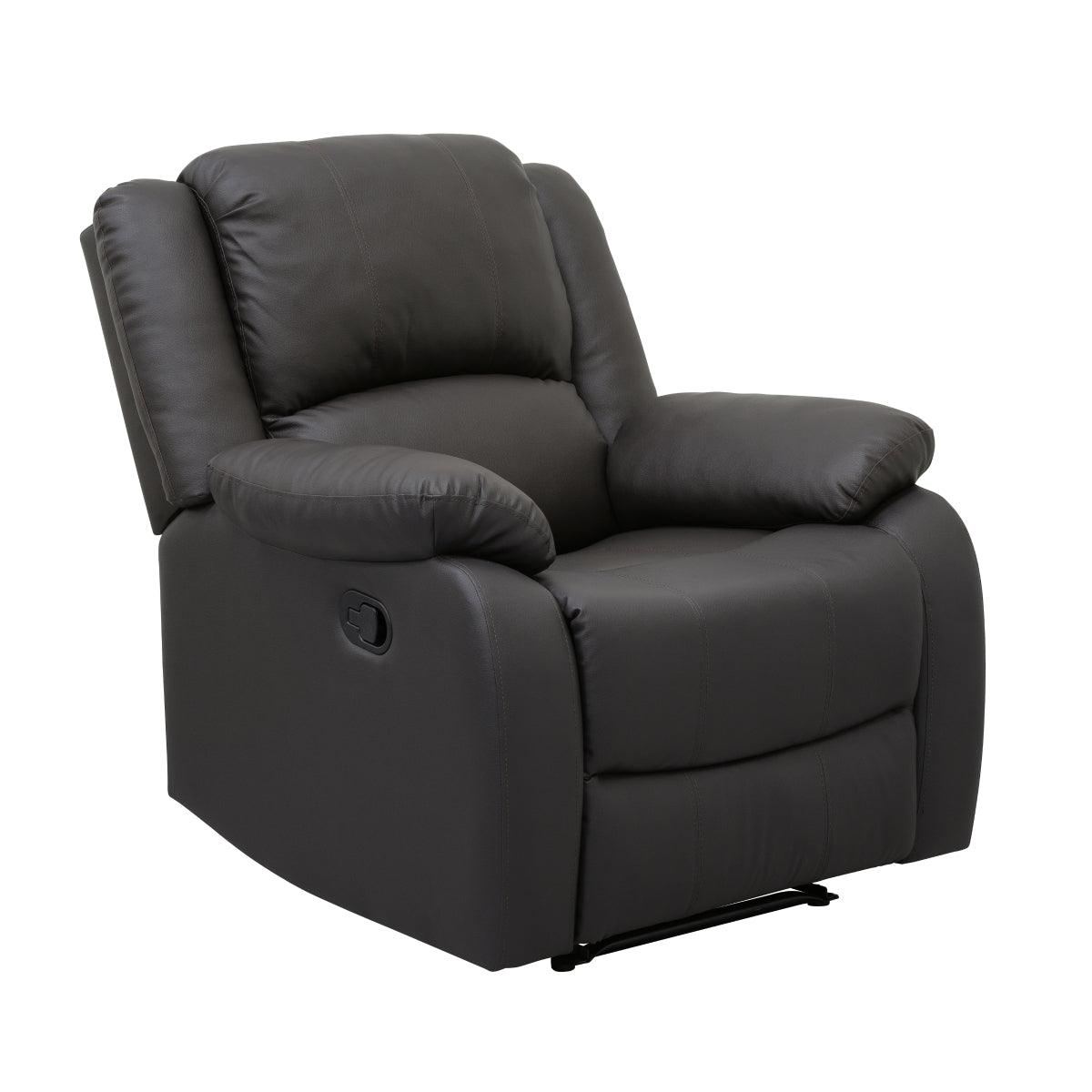 Fairview dark brown faux leather recliner chair reclined position