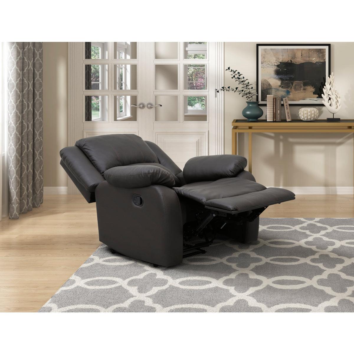 Fairview dark brown faux leather recliner chair fully reclined side view