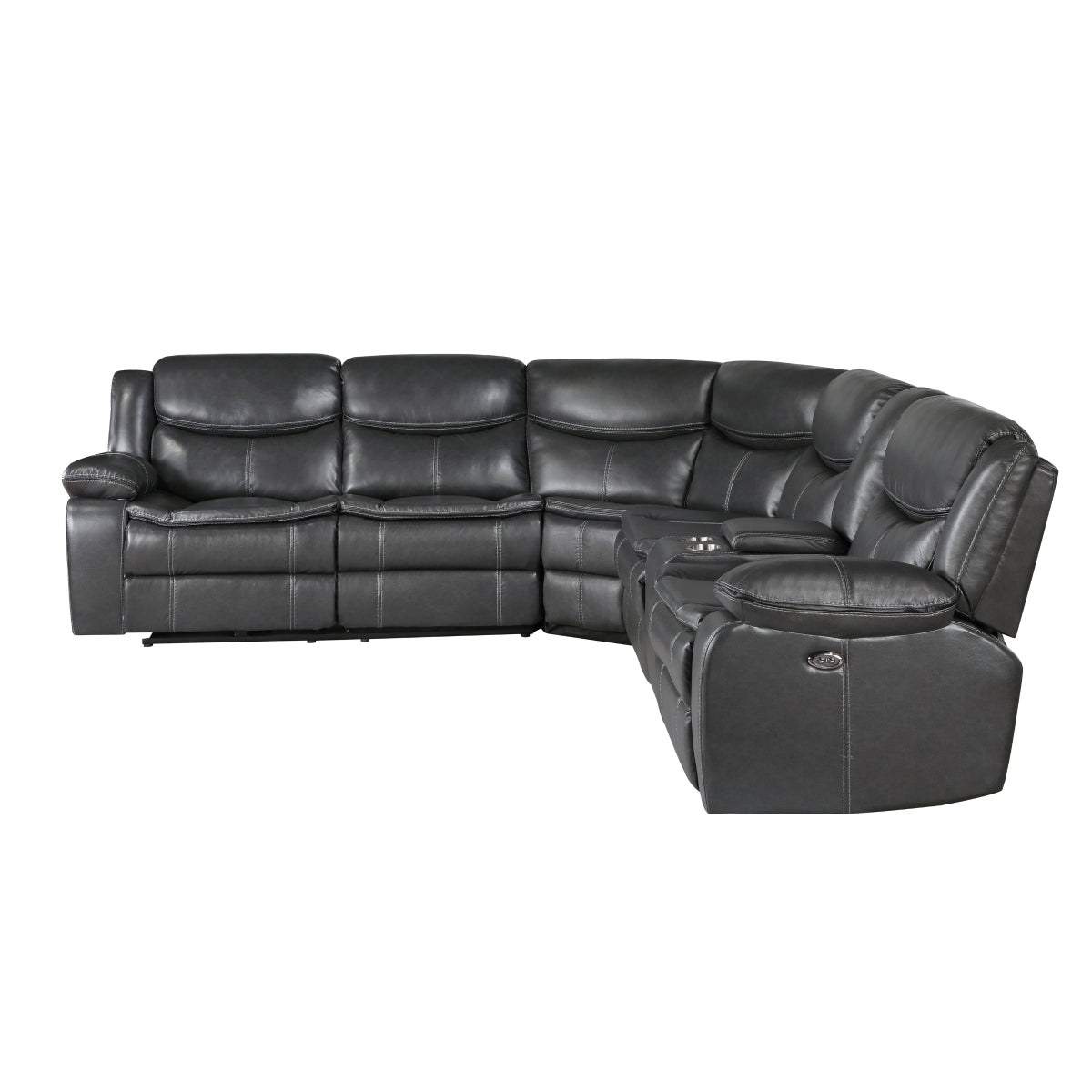 Right-side console on Fargo dark gray sectional with storage and cup holders