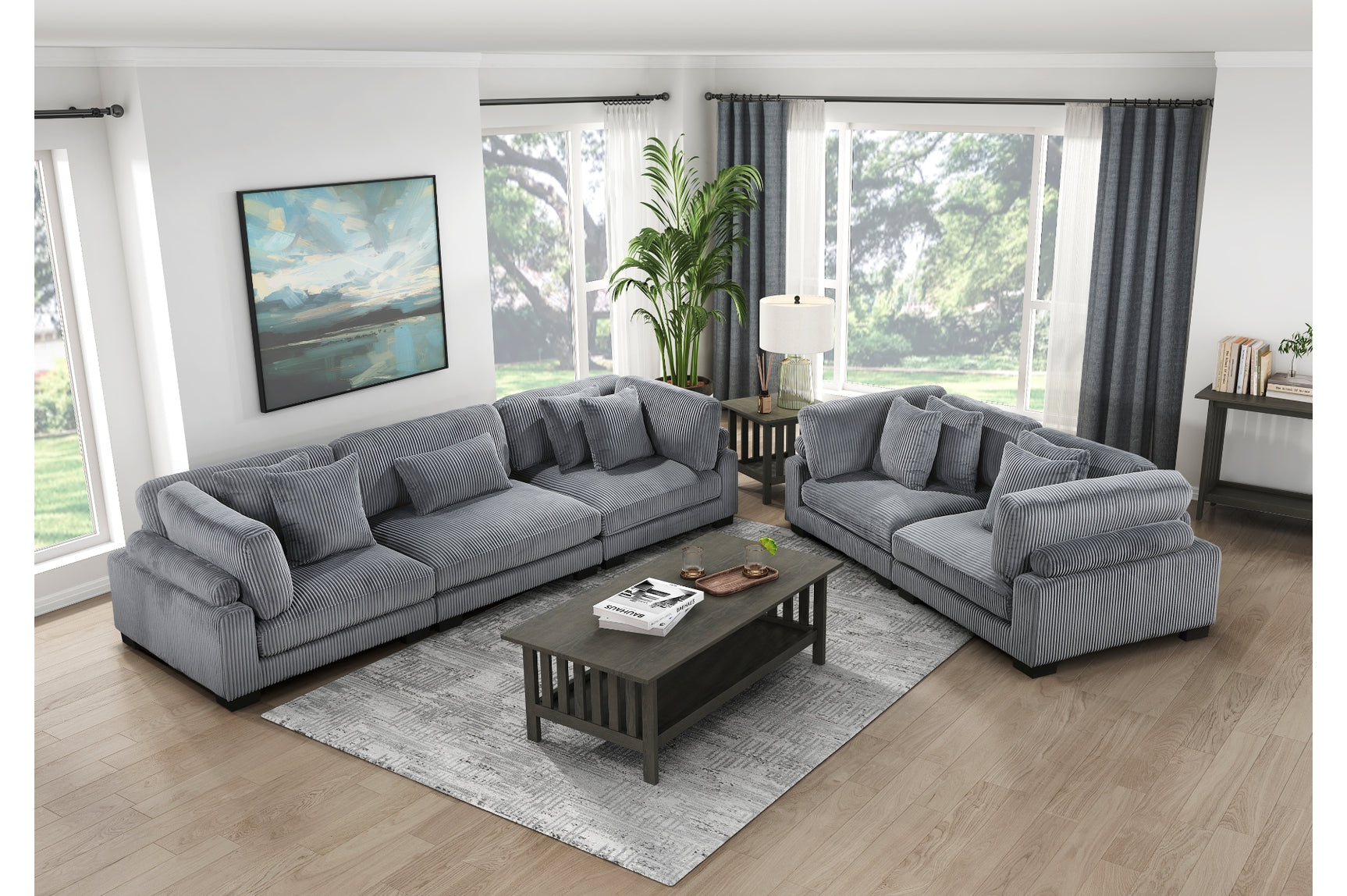 Detail of the fabric texture on Traverse Gray sectional sofa