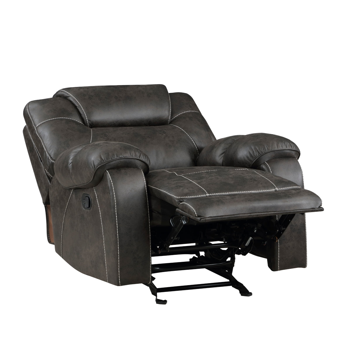 Handle side view of Gainesville Glider Recliner Chair showing contrast stitching