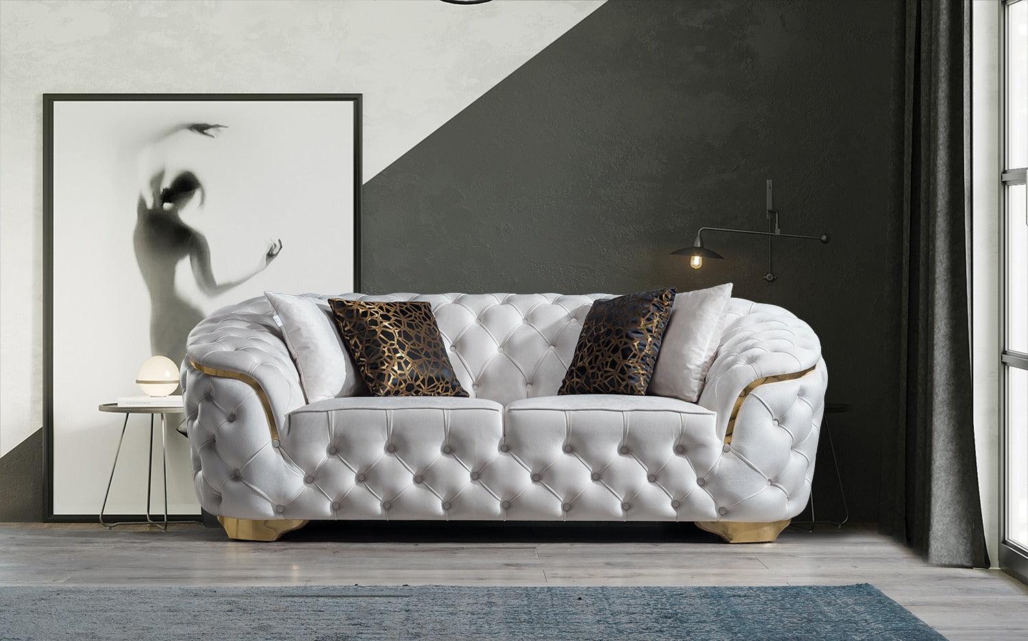 Front angle showing full Scarlett Ivory Velvet Sofa and Loveseat set